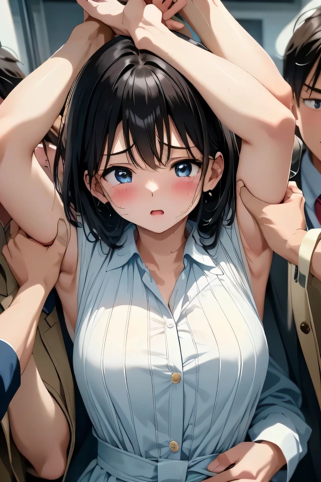 ( manga 、anime、story)、(  Masterpiece 、   Top Quality、   super high definition )、(   perfect face、   facial beauty、     beautiful eyes  )、(cry、   resists  、   embarrassing  、   blanking in the heart of the city)、sweat、  big breasted  、The button comes off   、  dress shirt 、   white shirt、     、   embarrassing  、   blanking in the heart of the city、gunを構える、gun、,(   I'm surrounded by lots of men  、  Man Hugs Woman  、 Men's ribbed armpits      、)、、handcuffs、 my hands are tied with tape  、 in the train、、  many hands touch women、  lots of hands touch my body 、cry、  shed tears、Cover your mouth with your hand 