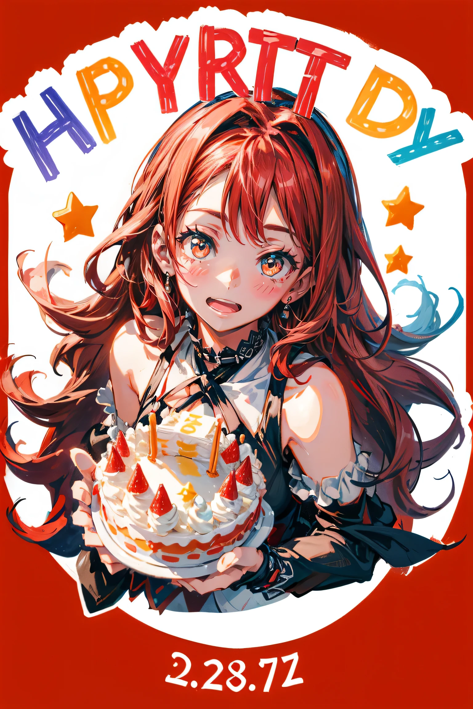 masterpiece,8K,high quality, absurdres, best quality,
(((Happy Birthday))),
BREAK
1girl,(((red long hair,red eyes))),big breast,cleavage, close up face, from above,Beautiful, Cute and Tender Girl, ite, (Beautiful and detailed face), smile, (hold birthday cake)