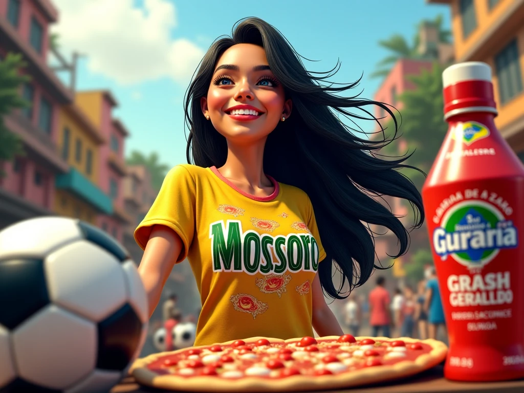 make a picture of a white woman with curly hair wearing a Sao Paulo FC shirt and this woman has a mole below her mouth and big eyes and on her left arm she has a tattoo of a rose with branches and butterflies, she wears black and eats hot dogs Show drafts