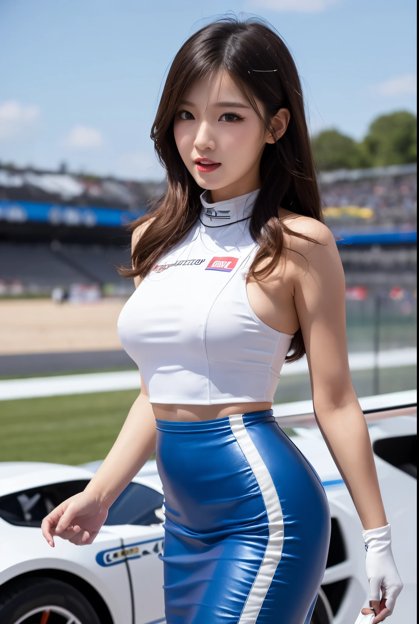 (((one shoulder gridgirl costume))),(((Show cleavage))),(((miniskirt lift))),(((bare inner thigh))),(((show Formula One car))),ulzzang-6500-v1.1, (Raw photo:1.2), (Photo realistic:1.4), a beautiful detailed girl, extremely detailed eye and face, beautiful detailed eyes, ultra-detailed, High resolution, top-quality, ​masterpiece, highly detailed, 8k wallpaper, Wonderful, finely detail, top-quality, Light on the face,电影灯光,1girl in,(auto race track),Beautiful eyes,smile,Opening Mouth