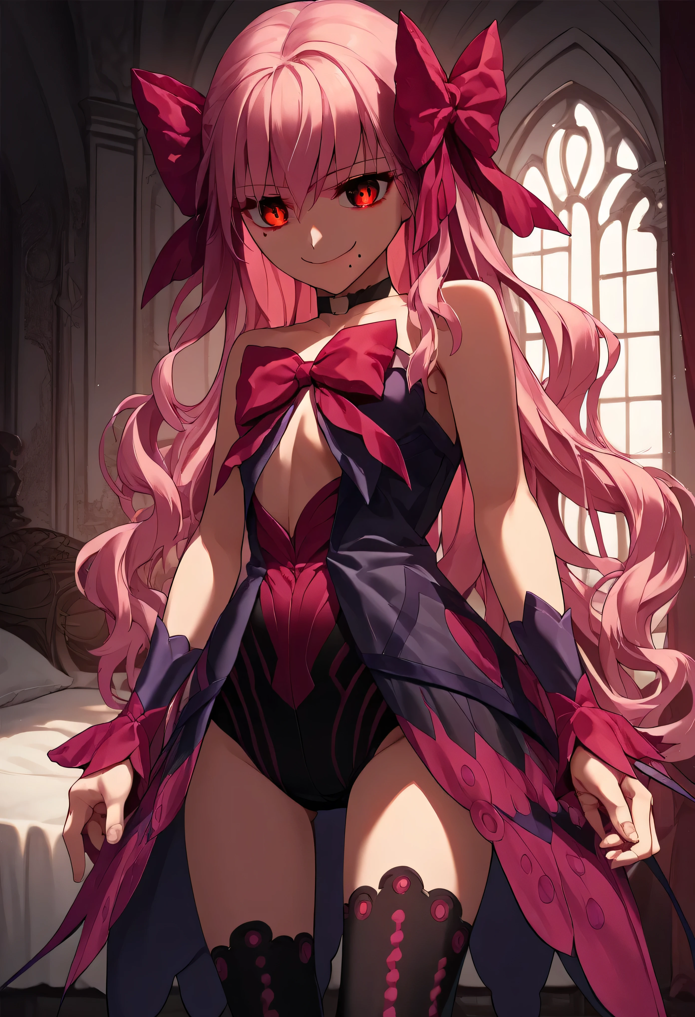 1girl, really long hair, pink hair, red eyes, mole under mouth, hair bow, choker, ribbon, leotard, center opening, bare shoulders, black thighhighs, wrist cuffs, laying, standing, cowboy shot, indoors, gothic, bedroom, score_9, score_8_up, score_7_up, score_6_up, score_5_up, score_4_up, BREAK source_anime, masterpiece,,very evil smile,best quality,looking down at viewer