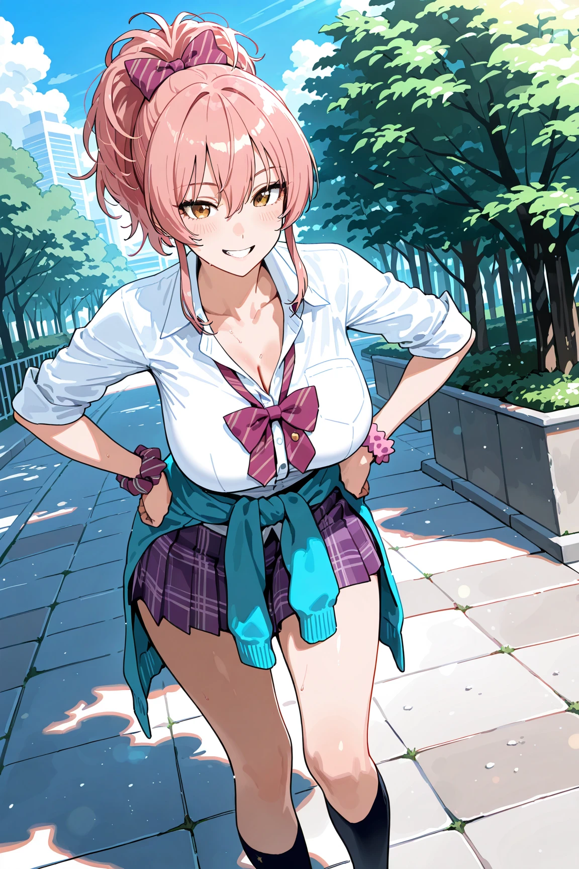 masterpiece, best quality, highres, aamika, ponytail, hair bow, collarbone, ,, bowtie, collared shirt, white shirt, sleeves rolled up, wrist scrunchie,, clothes around waist, plaid skirt, purple skirt, standing, cowboy shot, outdoors,(((lift skirt,lace ,gyaru)))