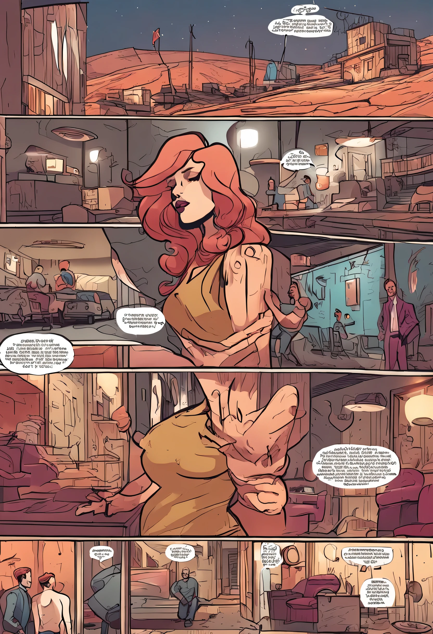 A female blacksmith, cosmic future aesthetic, fiery red hair, strong body, tan skin, metal prosthetic arm, arrogant thug, smoking a cigarette