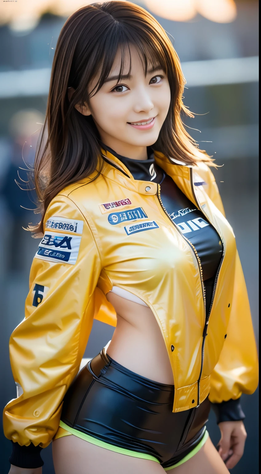 (masterpiece:1.2), (Best quality:1.3), 4k, 8k, 16k, 32k, (UHD:1.5), (realistic:1.5), (photorealistic:1.5), (ultrarealistic:1.3), (Extremely detailed CG unity 8k wallpaper:1.2), (professional photography photo:1.5), ultra detailed, (high resolution: 1.5), (beautiful skin: 1.2), (pale skin:1.3), (hyper-sharp focus: 1.5), (ultra-sharp focu:1.5), (beautiful clean face:1.3), (ultra-detailed background, detailed background:1.3), bokeh, depth of field, BREAK, Photo of extremely cute and beautiful Japanese woman, light smiling girl portrait, upper body image, When viewed from the front, the composition is symmetrical, (magazine photo lighting:1.3), (cinematic light:1.3), (back light*1.3), lighting full-covered her whole body, looking straight at you with serious eyes, standing, sexy model pose, BREAK, (chestnut half-up hair:1.2), dark brown eyes, beautiful eyes, princess eyes, mahogany hair, single hair, bangs, slender, abs, (huge breast;1.35), (narrow waist:1.15), adult, (detailed beautiful girl:1.4), best quality, woman, adult, (detailed race queen costume:1.3), (orange rubber jacket with small black detailed:1.3), (black high-waist shorts:1.3), (Beautiful sunset Suzuka circuit view background:1.2), (embarrassed laughing:1), (light smile:1.1), ((perfect female body)), (upper body image:1.3), frame the head, perfect anatomy, perfect proportion, 8.5 life size,