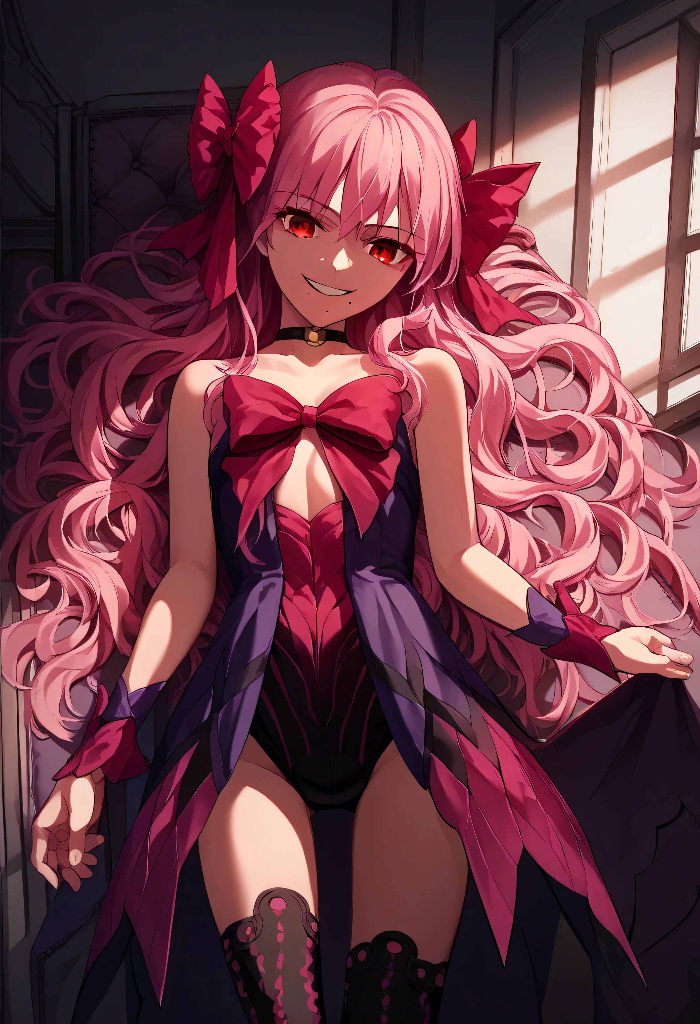 1girl, really long hair, pink hair, red eyes, mole under mouth, hair bow, choker, ribbon, leotard, center opening, bare shoulders, black thighhighs, wrist cuffs, laying, standing, cowboy shot, indoors, gothic, bedroom, score_9, score_8_up, score_7_up, score_6_up, score_5_up, score_4_up, BREAK source_anime, masterpiece,,very evil smile,best quality,looking down at viewer