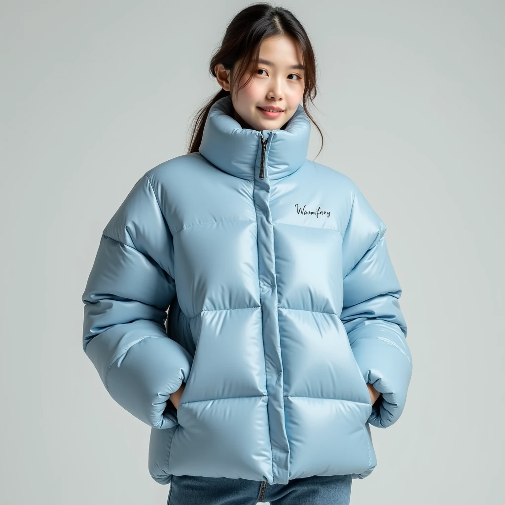 ((masterpiece)), ((Highest quality)), (Very detailedな), ((Very detailed)), 4K, (8k), Highest quality, (beautiful), Anime Style, Upper Body, Looking up from below, Whole body concentration, In the photo studio, pretty girl, 1 girl, alone, (Down jacket, turtleneck, mini skirt), beautiful light brown hair, ((beautiful eyeedium hair, Hips, Embarrassing, (Showing white panties:1.2),Lens flare, Shiny, Shine、Plump thighs