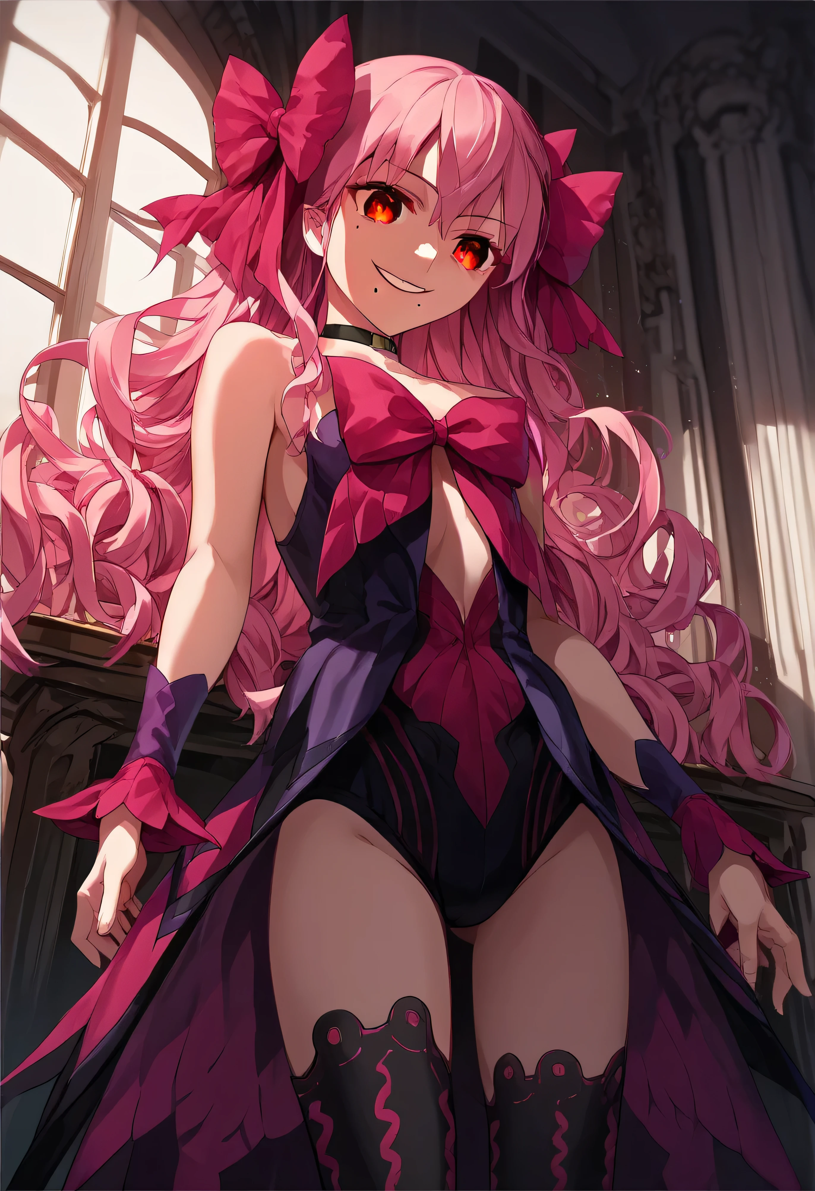 1girl, really long hair, pink hair, red eyes, mole under mouth, hair bow, choker, ribbon, leotard, center opening, bare shoulders, black thighhighs, wrist cuffs, laying, standing, cowboy shot, indoors, gothic, bedroom, score_9, score_8_up, score_7_up, score_6_up, score_5_up, score_4_up, BREAK source_anime, masterpiece,,very evil smile,best quality,looking down at viewer