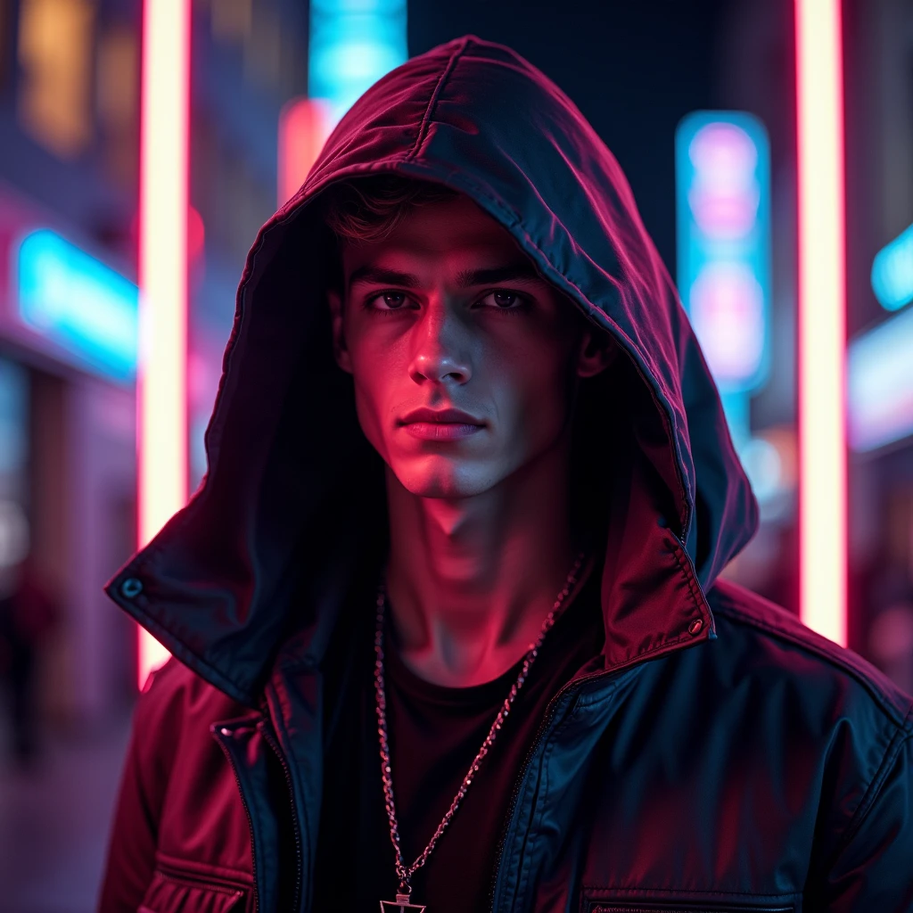 Arafed man in a hoodie standing in a city at night - SeaArt AI
