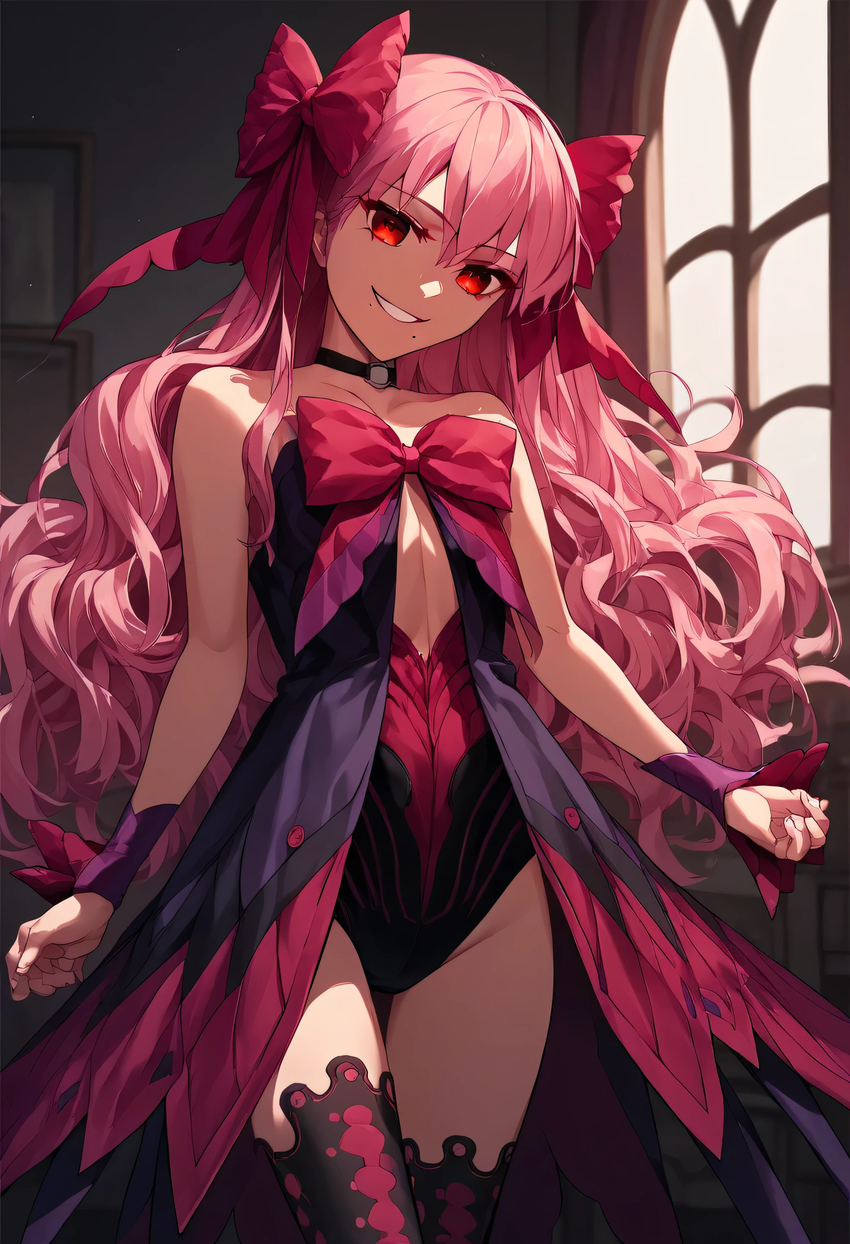 1girl, really long hair, pink hair, red eyes, mole under mouth, hair bow, choker, ribbon, leotard, center opening, bare shoulders, black thighhighs, wrist cuffs, laying, standing, cowboy shot, indoors, gothic, bedroom, score_9, score_8_up, score_7_up, score_6_up, score_5_up, score_4_up, BREAK source_anime, masterpiece,,very evil smile,best quality,looking down at viewer