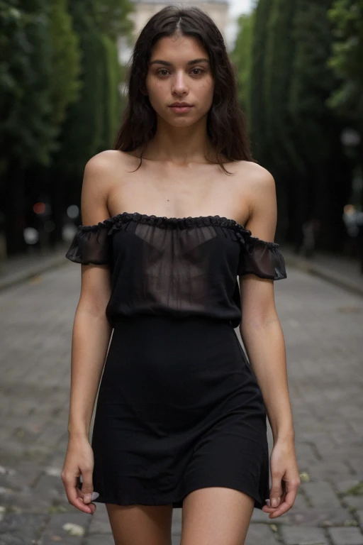 A French Romani modern skinny girl in her twenties wearing a black short silk dress from the start of the 2000s, depth of field, first-person view, f/1.8, 135mm, Nikon, UHD, retina, masterpiece, ccurate, anatomically correct, textured skin, super detail, high details, high quality, best quality, highres, 1080P, HD, 4K, 8k