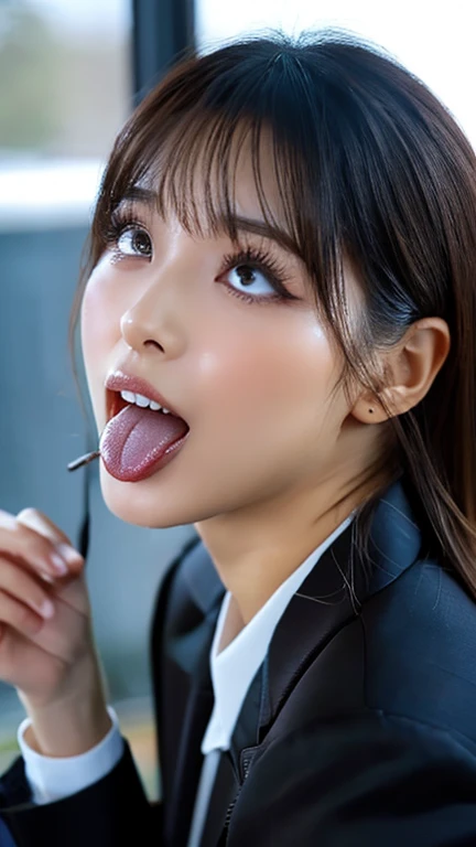 Woman on knees, oval face, crying, sad, distressed, sexy body, brown long hair, (looking at viewer), makeup, fit, erotic body, Cleavage, Cosplay, Tongue out, (best quality,4k,8k,highres,masterpiece:1.2), ultra-detailed, (realistic,photorealistic,photo-realistic:1.37), HDR, UHD, studio lighting, ultra-fine painting, sharp focus, physically-based rendering, extreme detail description, professional, Pastel colors, bokeh, portraits, landscape, horror, anime, sci-fi, photography, concept artists, warm, soft lighting,Grasping hand
