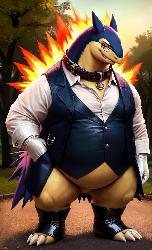 Solo, Male, fat, squatting, extremely obese, gentleman, dapper Professor Typhlosion, having his penis milked by a milker, blue eyes, (soft shading), 4k, hi res, ((detailed face, detailed)), looking at viewer, evil grin, jungle, forest, collared shirt with buttons, top hat, male focus, Safari Outfit, glasses, monocle, bag, vest with buttons, backpack, sleeves rolled up, round eyewear, brown headwear, brown vest, Typhlosion is wearing a glossy leather dog collar around the neck, Typhlosion is wearing the leather collar and shirt and vest at the same time, Typhlosion is wearing glossy white rubber gloves on the hands, wearing white rubber gloves on the feet, Typhlosion is wearing glossy white cuffs around the wrists with cufflinks, gloves are rubber in texture, clenching teeth, clenching fists, leather collar is glossy and shiny with a lot of detail, Typhlosion is wearing gloves and cuffs and cufflinks at the same time, leather collar has a round dog-tag, leather collar is thick and detailed, milker is shiny, milker goes on the penis around the shaft of the penis, penis is inserted in the milker, ejaculating into the milker, penis milker is on the penis, penis milker is transparent, penis milker has a white hose connected to a tank which stores sperm.