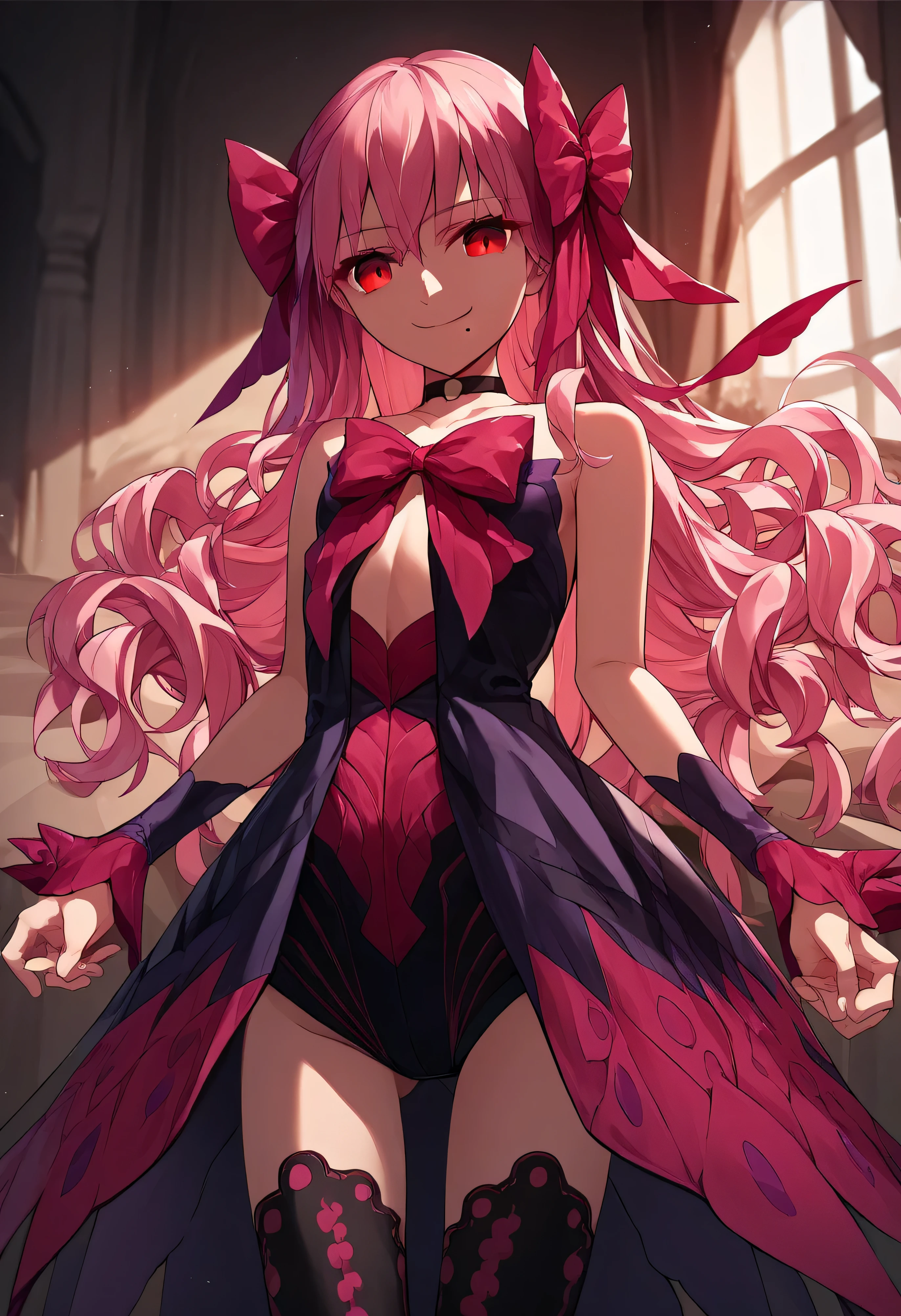 1girl, really long hair, pink hair, red eyes, mole under mouth, hair bow, choker, ribbon, leotard, center opening, bare shoulders, black thighhighs, wrist cuffs, laying, standing, cowboy shot, indoors, gothic, bedroom, score_9, score_8_up, score_7_up, score_6_up, score_5_up, score_4_up, BREAK source_anime, masterpiece,,very evil smile,best quality,looking down at viewer