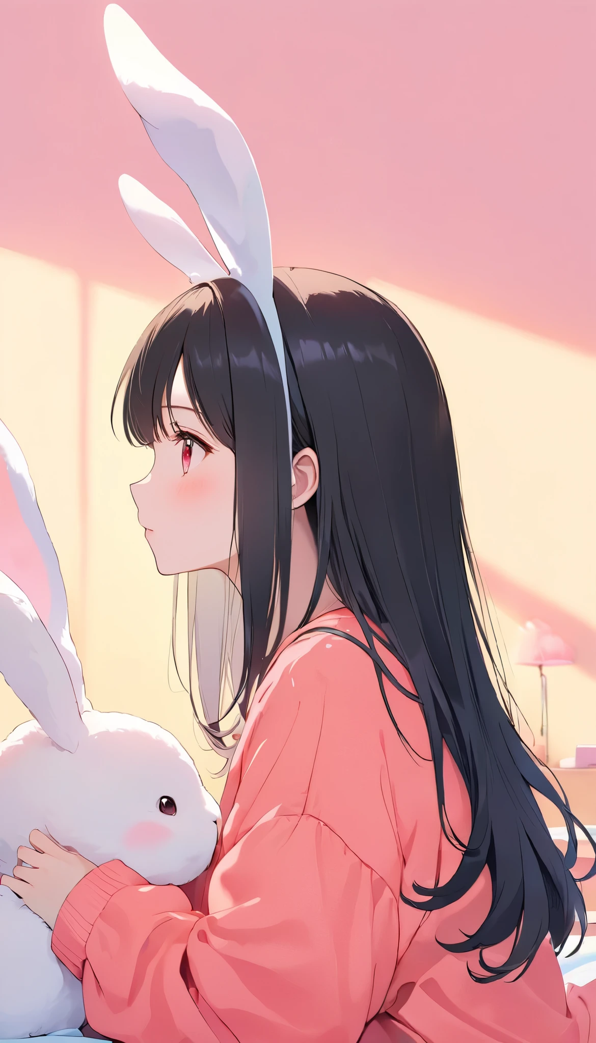 on bright red campus"yes" characters、 character depth , best quality , cute girl, bedroom, pastel color , Fluffy Bunny Ears, , long silvery hair , plush rabbit , bright lighting , Light Pink Eye 、Alone, One Girl, profile,Black Bob, profile, The background color is solid yellow, illustration