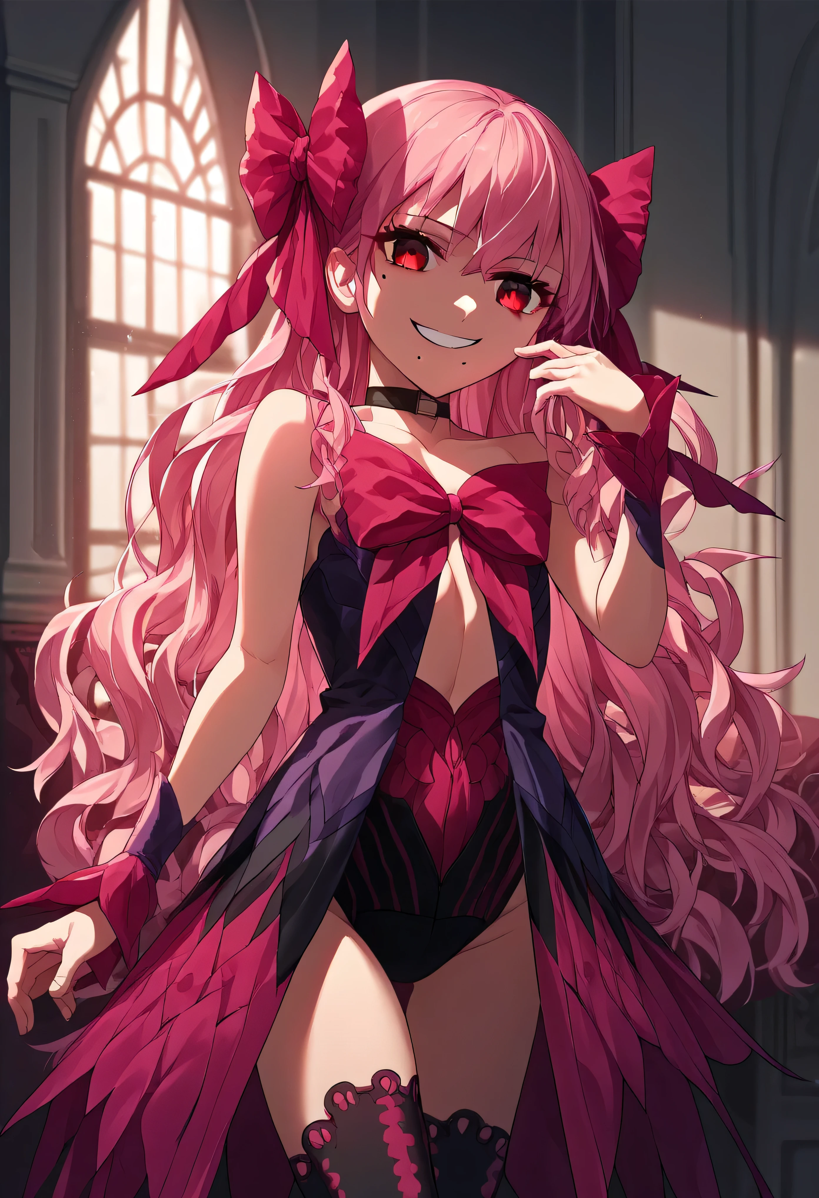 1girl, really long hair, pink hair, red eyes, mole under mouth, hair bow, choker, ribbon, leotard, center opening, bare shoulders, black thighhighs, wrist cuffs, laying, standing, cowboy shot, indoors, gothic, bedroom, score_9, score_8_up, score_7_up, score_6_up, score_5_up, score_4_up, BREAK source_anime, masterpiece,,very evil smile,best quality,looking down at viewer