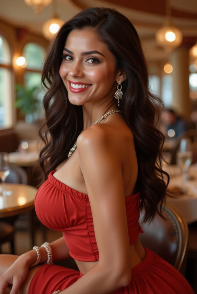 L'image représente une jeune femme à l'expression sereine. Elle a la peau bronzée, Cheveux noirs attachés en arrière, et porte une jolie robe rouge avec décolleté, elle est assise a la table d'un beau restaurant