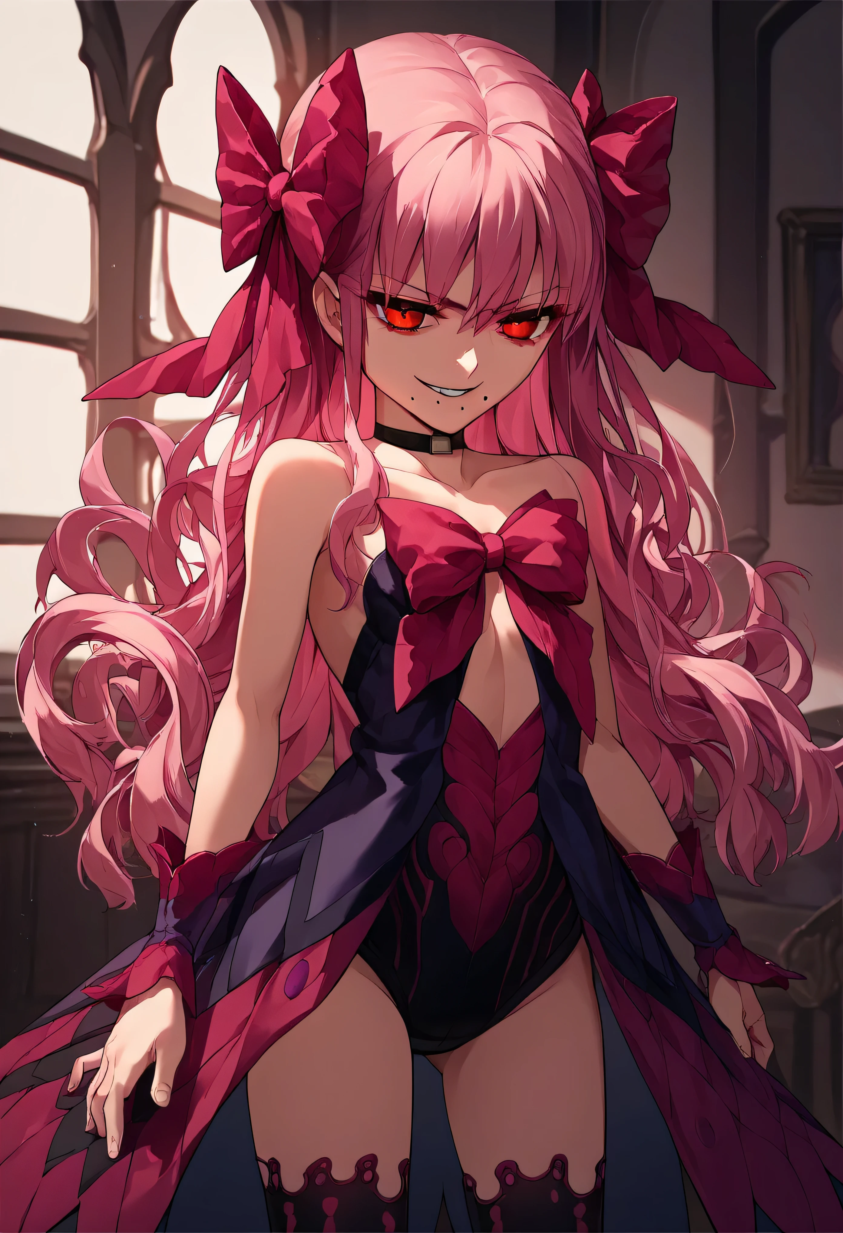 1girl, really long hair, pink hair, red eyes, mole under mouth, hair bow, choker, ribbon, leotard, center opening, bare shoulders, black thighhighs, wrist cuffs, laying, standing, cowboy shot, indoors, gothic, bedroom,  score_9, score_8_up, score_7_up, score_6_up, score_5_up, score_4_up, BREAK source_anime, masterpiece,,very evil smirk,best quality,looking down at viewer