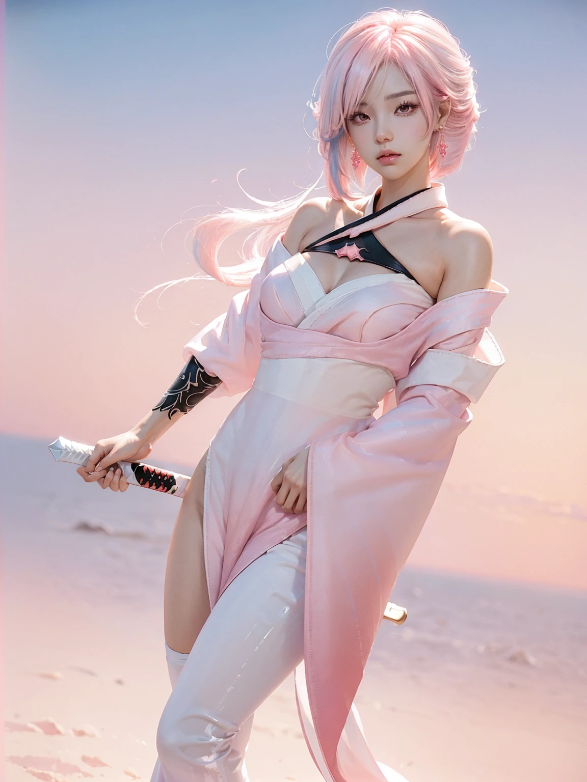 extreme hight detail, Flawless, Aerial view, Like a work of art, Anime girl holding ice sword, Pink hair and purple long skirts complement each other, Gaze at Ayaka Genshin in the distance, Lead us into the world of Genshin.