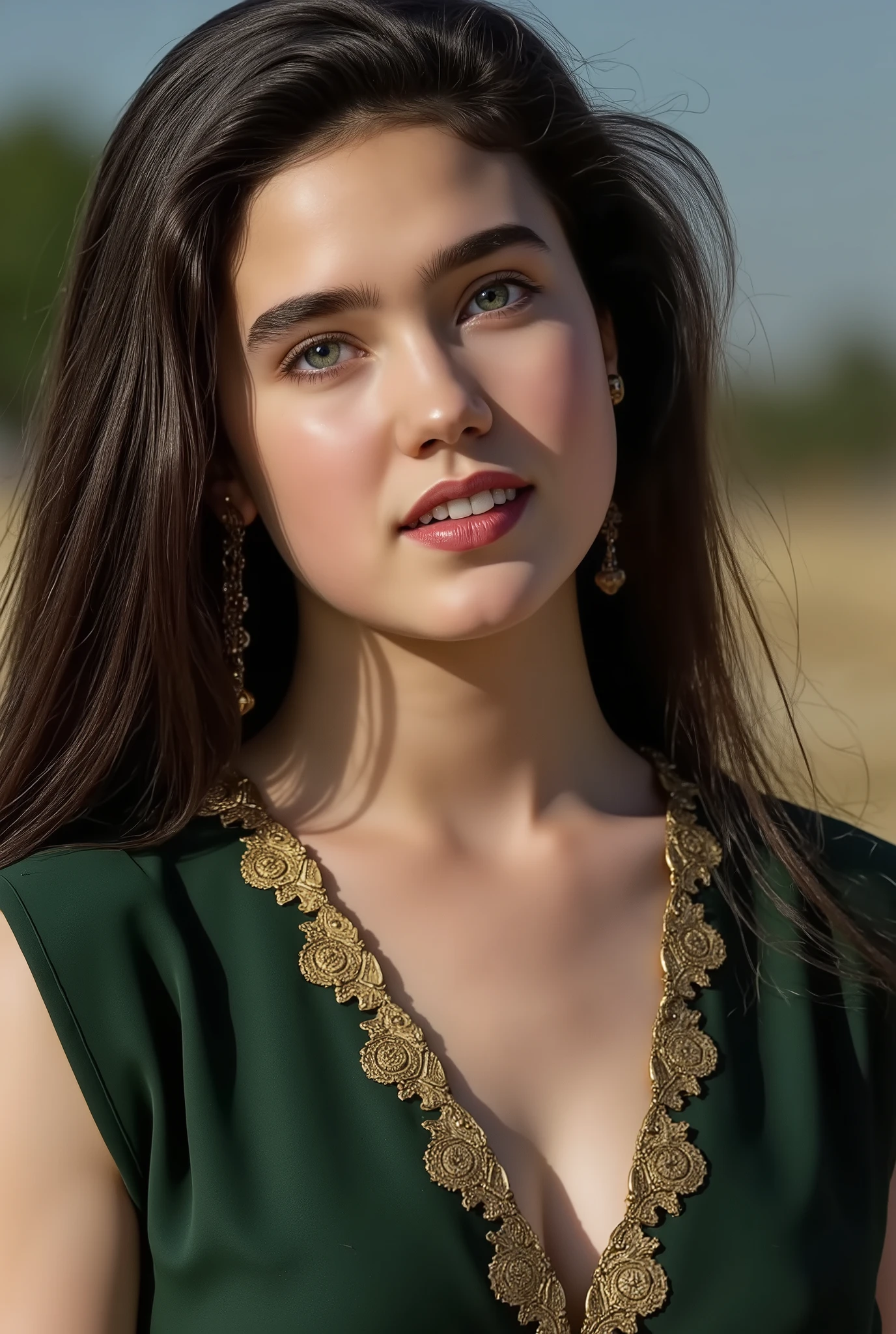 (masterpiece, best quality:1.5),
1girl, Alone,
bust shot, from the front view, she is looking up straight toward viewer.,
strong natural light is illuminating direct on her face.,
she is in bright outdoor.,
She is tightly narrowing her eyes with against the glare of the sun.,
she is a Game of thrones baratheon lady.,
she wears Gold and dark green outfit.,
Jennifer Connelly when she .,
the whiteness of her skin is accentuated.,
no make up, no eye makes, no lipsticks,
plump soft cheeks, light green color eyes, long eye liner,
scooped nose arched high with a turned-up tip,
her glossy silky long dark staight hair is cascading.,
She cutely smiles covering her cheeks in embarrassment.,Game of thrones universe