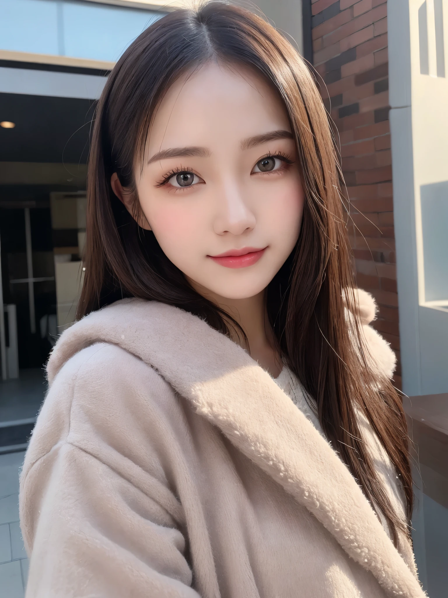 Tabletop, highest quality, shape, Very detailed, finely, High resolution, 8k wallpaper, 完璧なダイナミックな構shape, Beautiful and detailed,,Random cute hair,,Natural color lip, Face of Sadness、25 year old Japanese woman、very cute、Camera-facing shot,Always blur the background,Perfect and beautiful face,Take a picture of only the face,Beautiful and dense face、Slim face and figure,Big eyes、Apply clean makeup,Small face,Camel-colored winter tweed coat、The large scarf is brown.、Shooting from below、sunset、smile