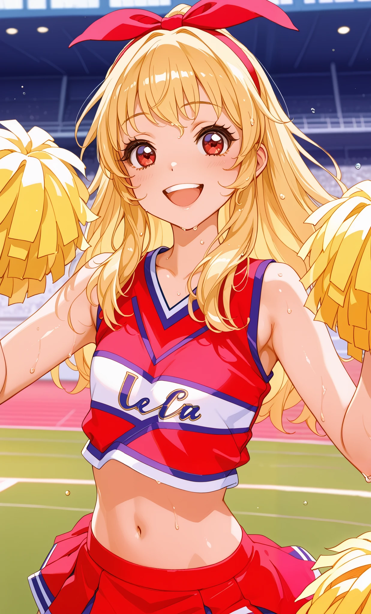 (Masterpiece, Top Quality, Super High Resolution), A Japanese Woman, (((Very Beautiful *********** Girl))), Cute Girl, Look at the Photographer, (()), very cute face, glossy lips, double eyelids, natural smile, natural makeup, long eyelashes, shiny and smooth hair, perfect limbs, perfect anatomy, (((shiny chia Leader uniform, cheerleader, cheerleader, tube top)))) Stadium,, wet with sweat, (((tube top)))((((open mouth smile, teeth)))),, hosimiya ichigo,Blonde,red eyes,(RED Ribbon on HAIRband:1.2)