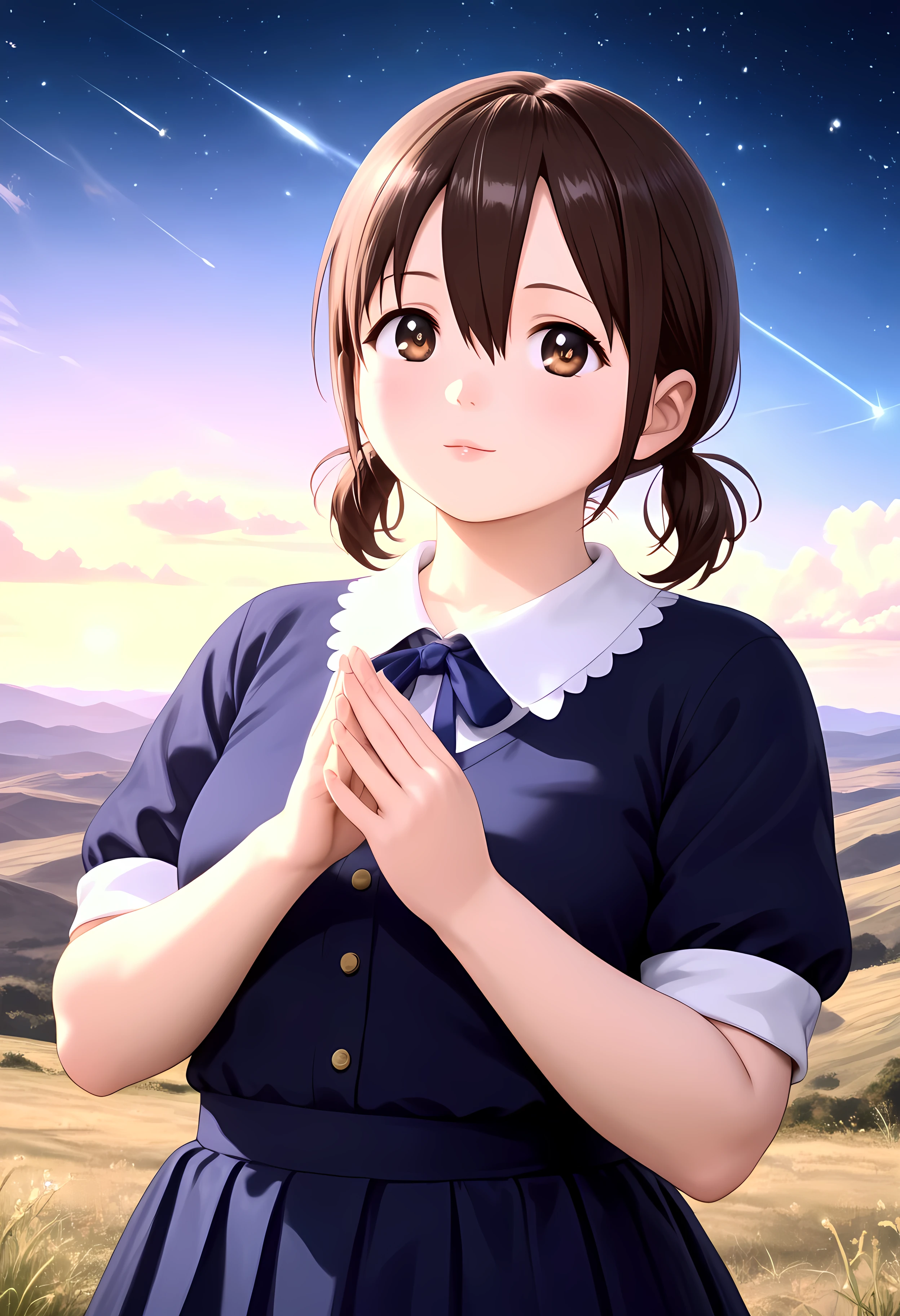 a woman standing with her back to the camera looking up at a sky with lots of bright colors, 1girl, solo, honoka hara, short hair, brown hair, hair between eyes, twintails, brown eyes, low twintails, short twintails, plump, sky, solo, star (sky), cloud, scenery, starry sky, long hair, skirt, shooting star,((4k,8k,Ultra HD)),((Masterpiece :1.2)),((Best quality :1.2)),((Detailed :1.5)),((Detailed background :1.5)), (8K),(absurdres),(crisp quality),(rich contrast),(sharp focus),(best quality),(high resolution),(Looking delighted),(masterpiece),(detailed face),(illustration),(ultra detailed),(rich contrast),(a best quality illustration),(a masterpiece of a woman with ultra detailed features, in 8K resolution, with crisp quality and vibrant colors),(detailed eyes),(perfect eyes),(ultra detailed eyes),((nice hands)),((perfect hands)),((gleaming skin)),((shiny skin)),((best quality)),((high resolution)),((ultra-high resolution)),((masterpiece)),((ultra detailed)),((illustration)),((an extremely delicate and beautiful))((detailed face)),((perfect eyes)),