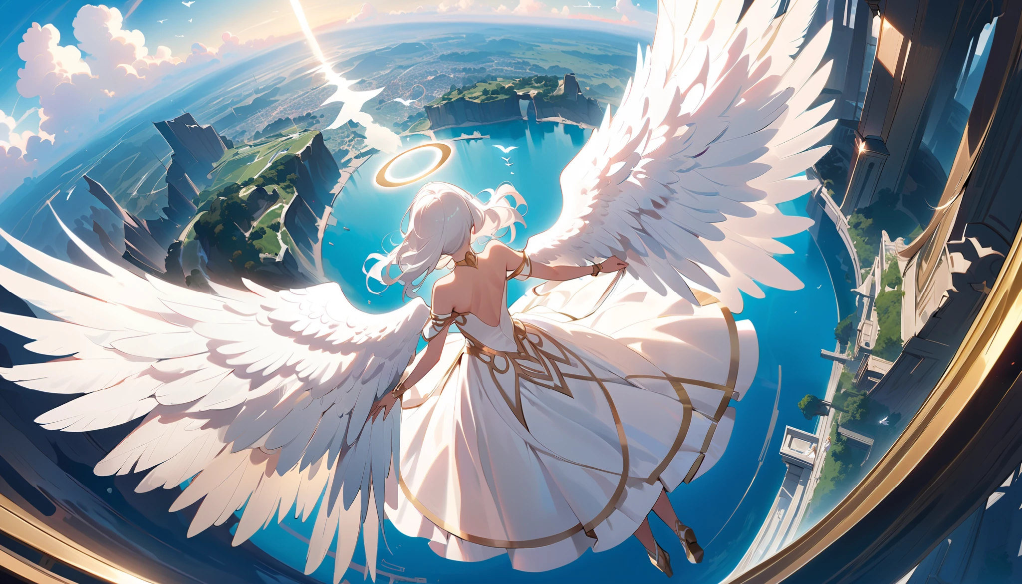 ((( A bird's-eye view of a beautiful female angel with long white hair and white goddess clothes:1.5))), ((( big, beautiful angel wings grow from her shoulders :1.5))),(arms spread wide), (((She floats in the sky and looks down at the world below :1.5)))、 An epic and wonderful fantasy world , Details, masterpiece、 best quality, Composition like a scene from a movie , golden ratio, dynamic angle,((( from above:1.2))), anime style、Her back view,
