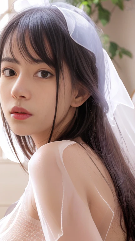 Masterpiece、highest quality、Woman 1、Small and perky breasts、Super detailed、Top view、Gravure idol、Black Hair、Straight Hair、Light bangs、Wedding dress、White Veil Lying on white sheets、Lie on your back、Gravure pose、Sexy Pose、White sheets background