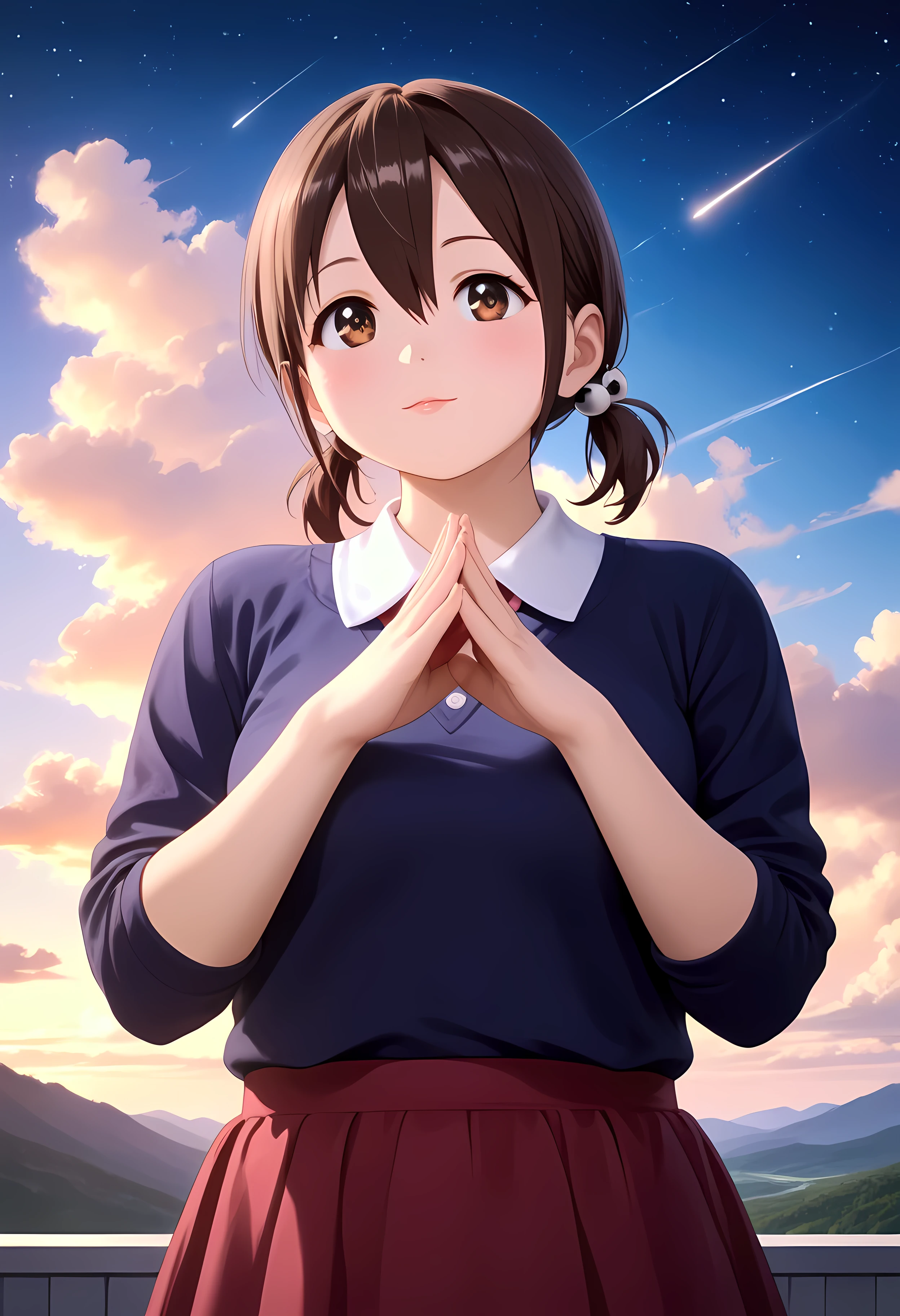 a woman standing with her back to the camera looking up at a sky with lots of bright colors, 1girl, solo, honoka hara, short hair, brown hair, hair between eyes, twintails, brown eyes, low twintails, short twintails, plump, sky, solo, star (sky), cloud, scenery, starry sky, long hair, skirt, shooting star,((4k,8k,Ultra HD)),((Masterpiece :1.2)),((Best quality :1.2)),((Detailed :1.5)),((Detailed background :1.5)), (8K),(absurdres),(crisp quality),(rich contrast),(sharp focus),(best quality),(high resolution),(Looking delighted),(masterpiece),(detailed face),(illustration),(ultra detailed),(rich contrast),(a best quality illustration),(a masterpiece of a woman with ultra detailed features, in 8K resolution, with crisp quality and vibrant colors),(detailed eyes),(perfect eyes),(ultra detailed eyes),((nice hands)),((perfect hands)),((gleaming skin)),((shiny skin)),((best quality)),((high resolution)),((ultra-high resolution)),((masterpiece)),((ultra detailed)),((illustration)),((an extremely delicate and beautiful))((detailed face)),((perfect eyes)),