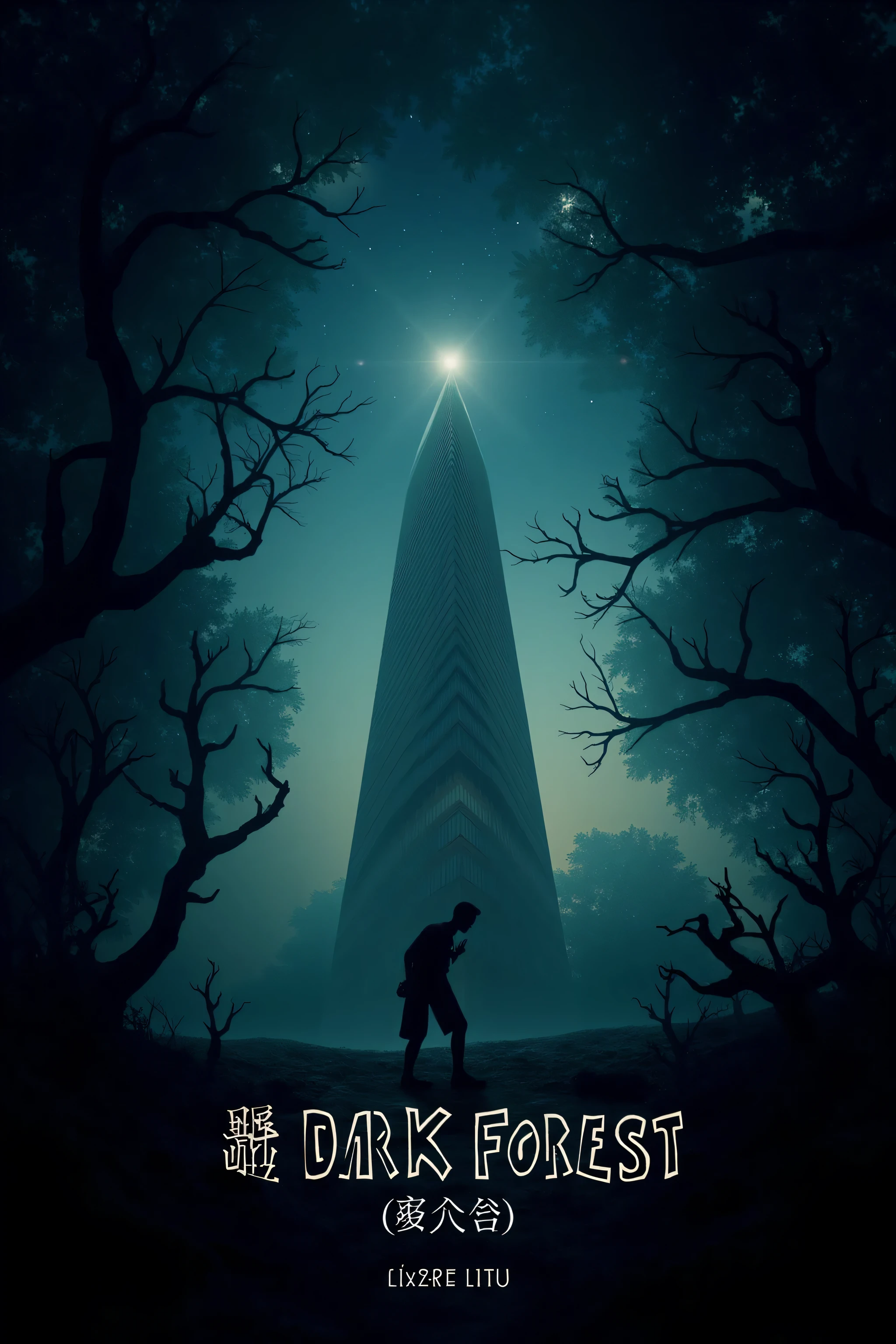 Create a movie poster for The Dark Forest based on the plot of the book by Cixin Liu featuring a perfect replica of the UN building in NYC with the title" The Dark Forest" in English.