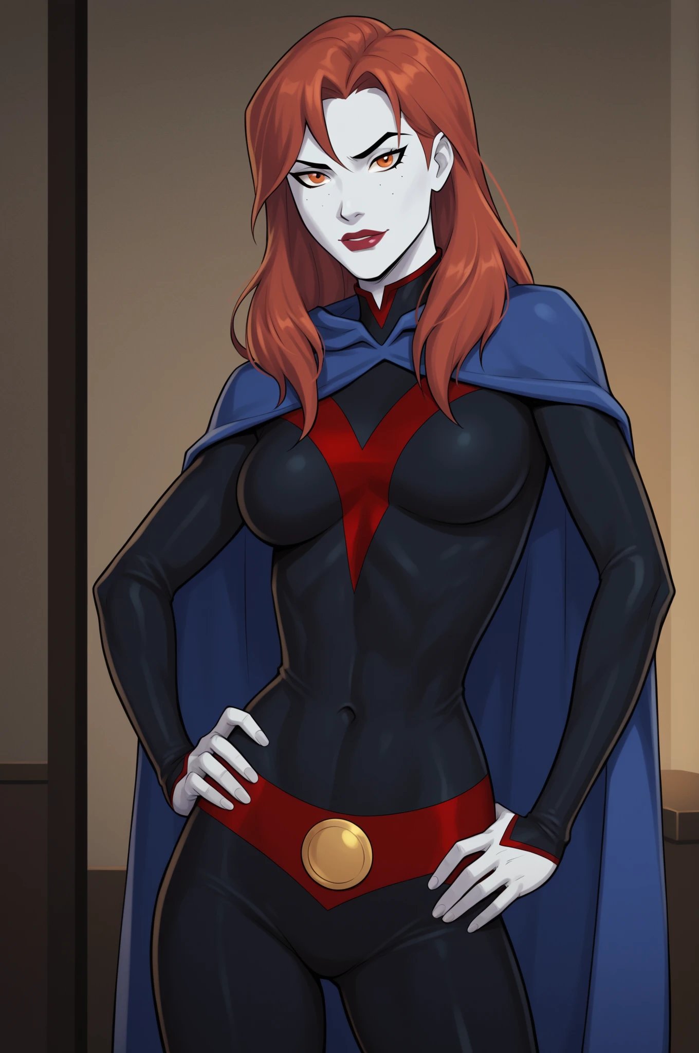 PonyXLV6_Scores BREAK (perfect anatomy, perfect eyes), BREAK mgann morzz, long hair, red hair, colored skin, white skin, orange eyes, makeup, lipstick, flirting, raised eyebrow, ((looking at viewer)), superhero, black bodysuit, cape, curvy, toned, athletic, breasts, milf, standing, hand on hips, sexually suggestive, indoors