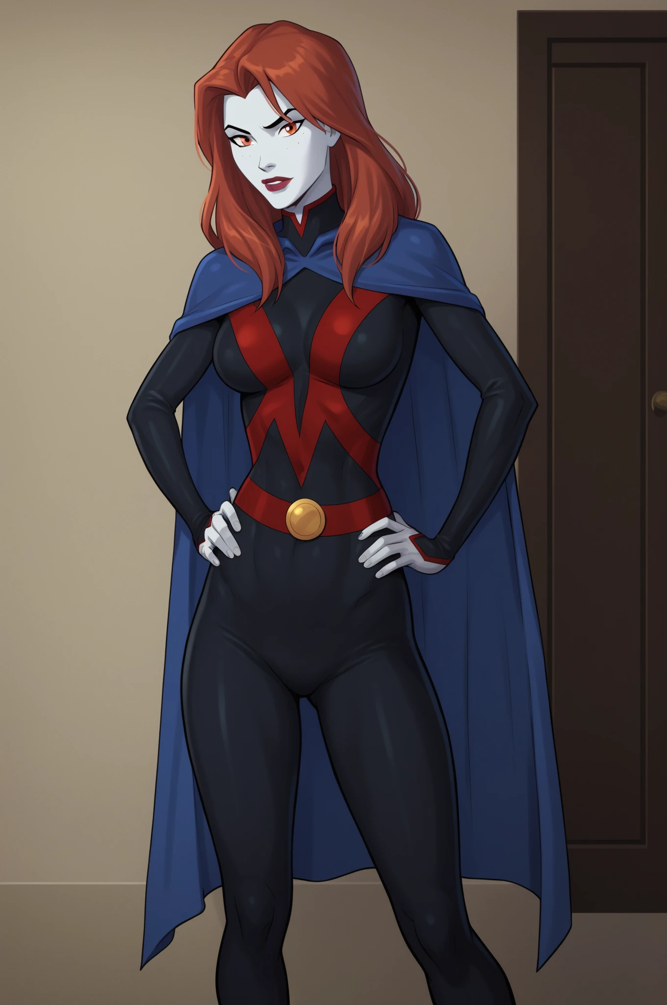 score_9, score_8_up, score_7_up,score_6_up, BREAK, source_western, teen titans, raven, starfire, raven cosplay, black tube top, erect nipples, cape, exposed midriff, long hair, thong, cameltoe, dark skinned female, green eyes, red hair, sunset, abstract background