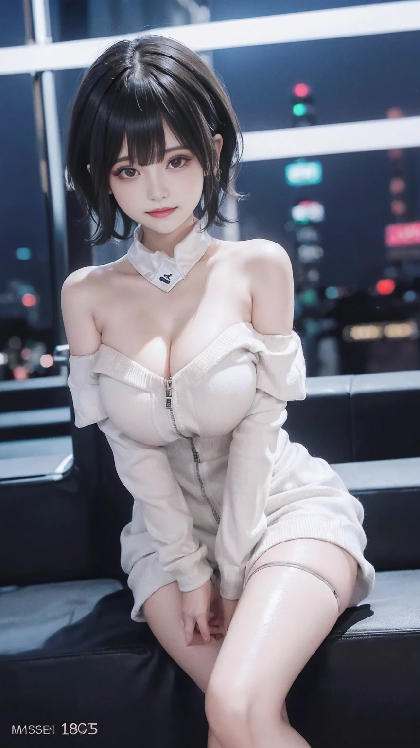 Different world、In a futuristic cityscape at night, neon lights illuminate the sprawling metropolis, with towering skyscrapers and airborne vehicles like hover bikes and flying cars zipping through the sky. In one corner of the city lies a secret laboratory where a mad scientist conducts bizarre experiments.masterpiece,best quality,ultra detailed,highres,high-resolution,4k,realistic,RAW photo,((real person)),portrait photography,photorealistic,detailed skin,(delicate black eyes ), A soothing woman with sagging eyes,Calm and calm, middle hair,skinny,clothing,The wind is blowing,tareme、Short shirts、(gigantic breasts)、White shirt、Belly button、Glowing skin、(Micro mini skirt)、Low rise、Above the knee socks、Beautiful belly button、False eyelashes、ニーKnee-high socks、((Twin tails))、Curly Hair、Beautiful décolleté、Short tie、Brown Hair、Glamour、Model pose、smile、I can see her cleavage、Full Body Shot、Spotlight、Knee-high socks、Under the skirt、Looking down on the city from the sky、Flying in the sky