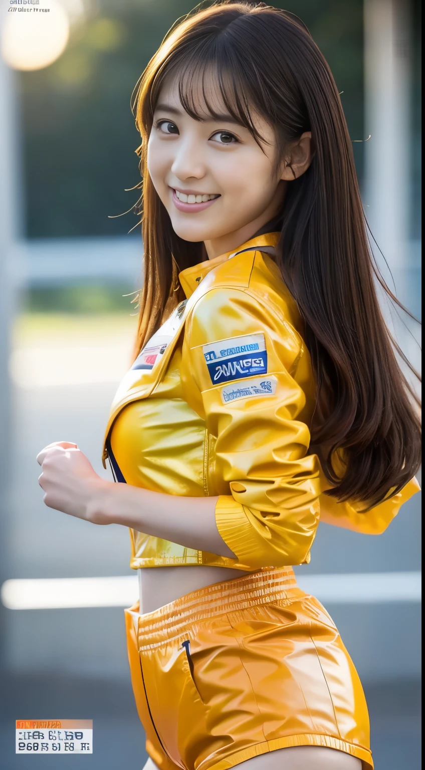 the Extremely Detailed CG Unity 8K Wallpapers, best quality, Ultra-detailed, masutepiece, Reality, photos realistic, extremely detailed cute girl, 25 years old, (realistic)、(ultra-detailed)、((8K))、(toothy grin)、(smile)、
(Wearing a grid girl costume with sponsor's logo printed on it:1.3), (short pants) , (Sitting in a motorsport race), (photorealistic:1,4)、(side view)、(looking at the viewer)、(sitting on the hood of a car)、 (cleavage), (leg spreads:1.3) , , blush , Half body shot , shortcut