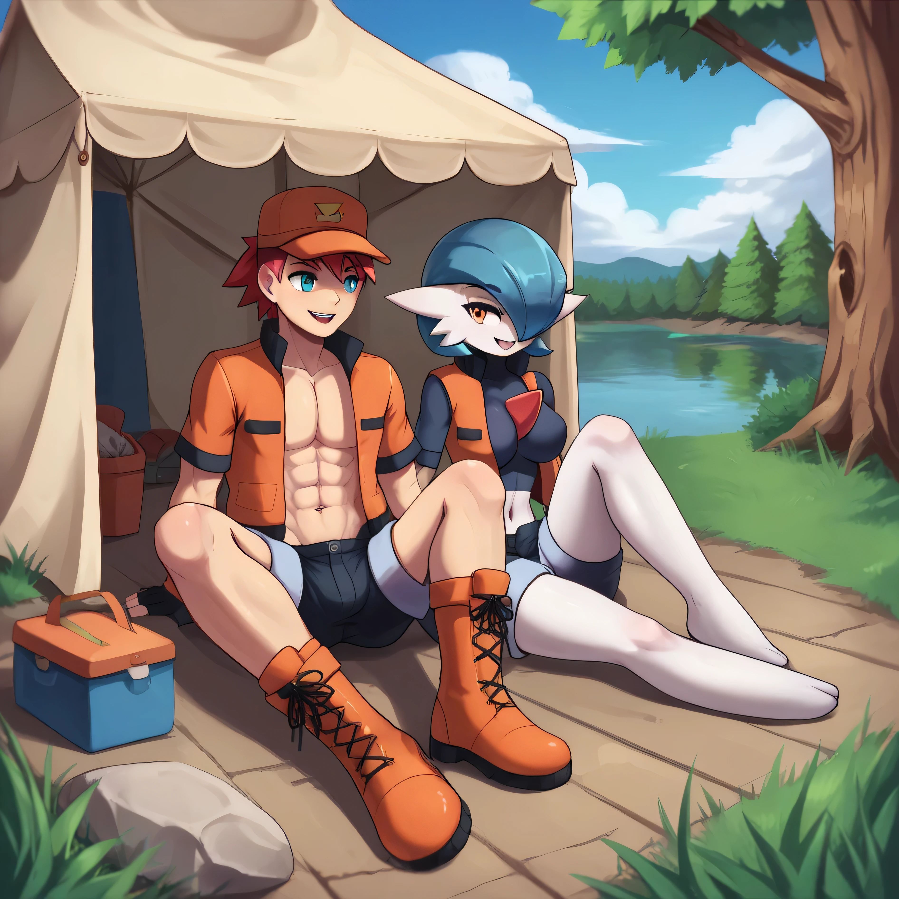masterpiece, best quality, detailed eyes, detailed face, detailed skin, score_9, score_8_up, score_7_up, full body shot, 1boy gallade, male gallade, larger gallade, red hair, pokemonranger oras, medium breasts, spiky hair, horny, smug, looking at each other, sitting, in open tent, in front of lake, countryside background, couple, duo, yellow eyes, blue eyes, 1pokemon, head crest, white body, 1girl, fingerless gloves, orange vest, no shirt, black shorts, boots,