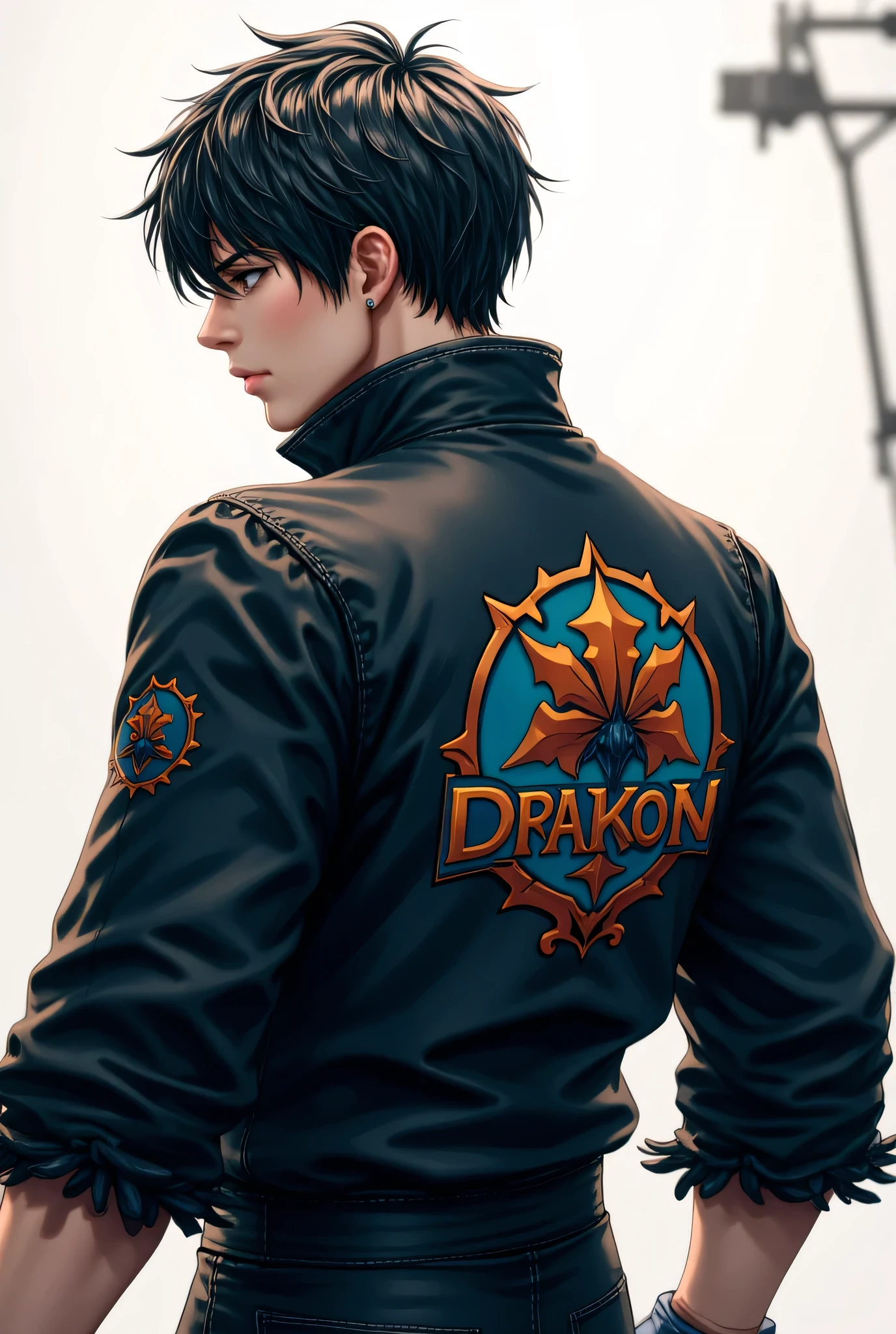 Anime man, facing back with side head wearing jacket with logo of mobile legends bang bang and with my last name Drakon