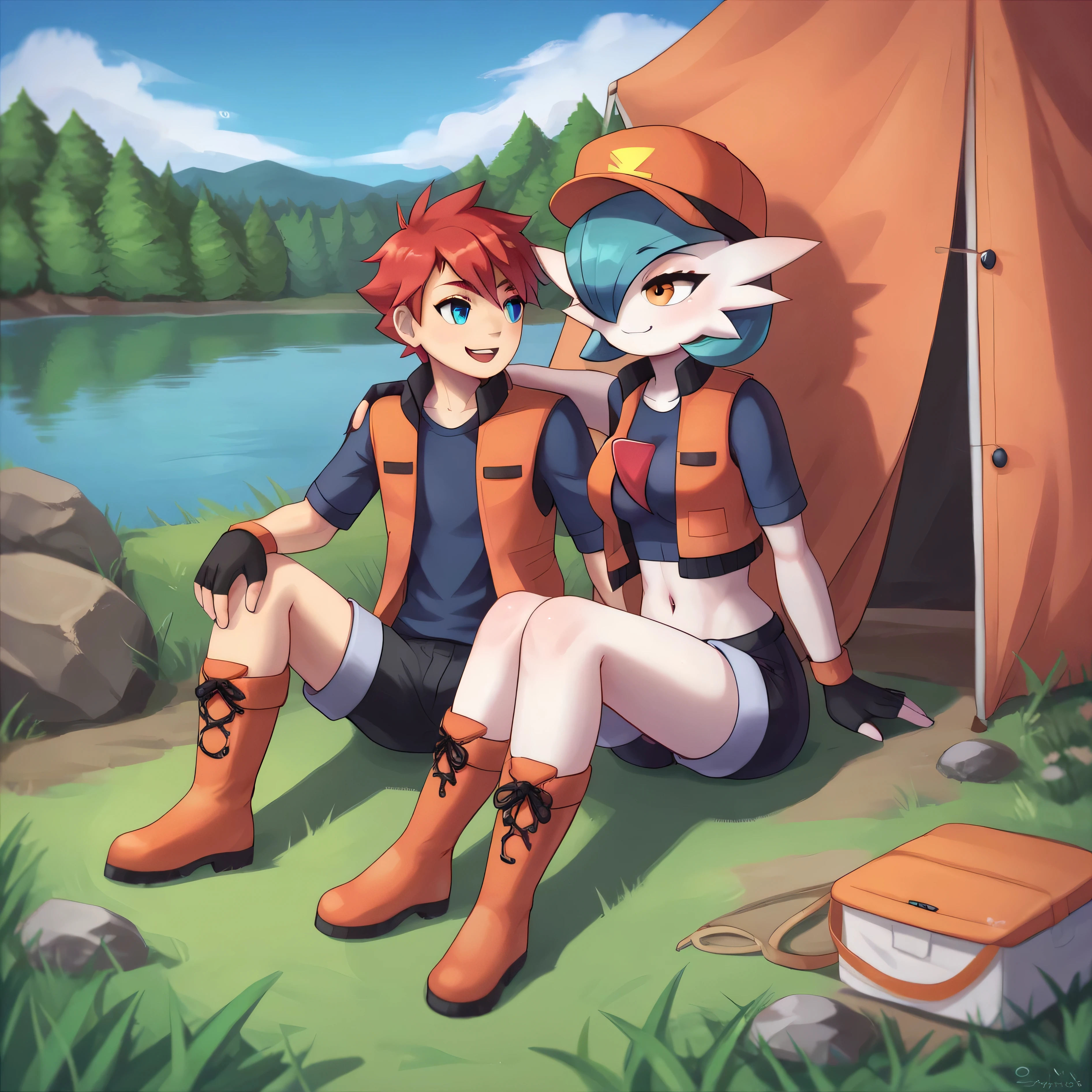 masterpiece, best quality, detailed eyes, detailed face, detailed skin, score_9, score_8_up, score_7_up, full body shot, 1boy gallade, male gallade, larger gallade, red hair, pokemonranger oras, medium breasts, spiky hair, horny, smug, looking at each other, sitting, in open tent, in front of lake, countryside background, couple, duo, yellow eyes, blue eyes, 1pokemon, head crest, white body, 1girl, fingerless gloves, orange vest, no shirt, black shorts, boots,