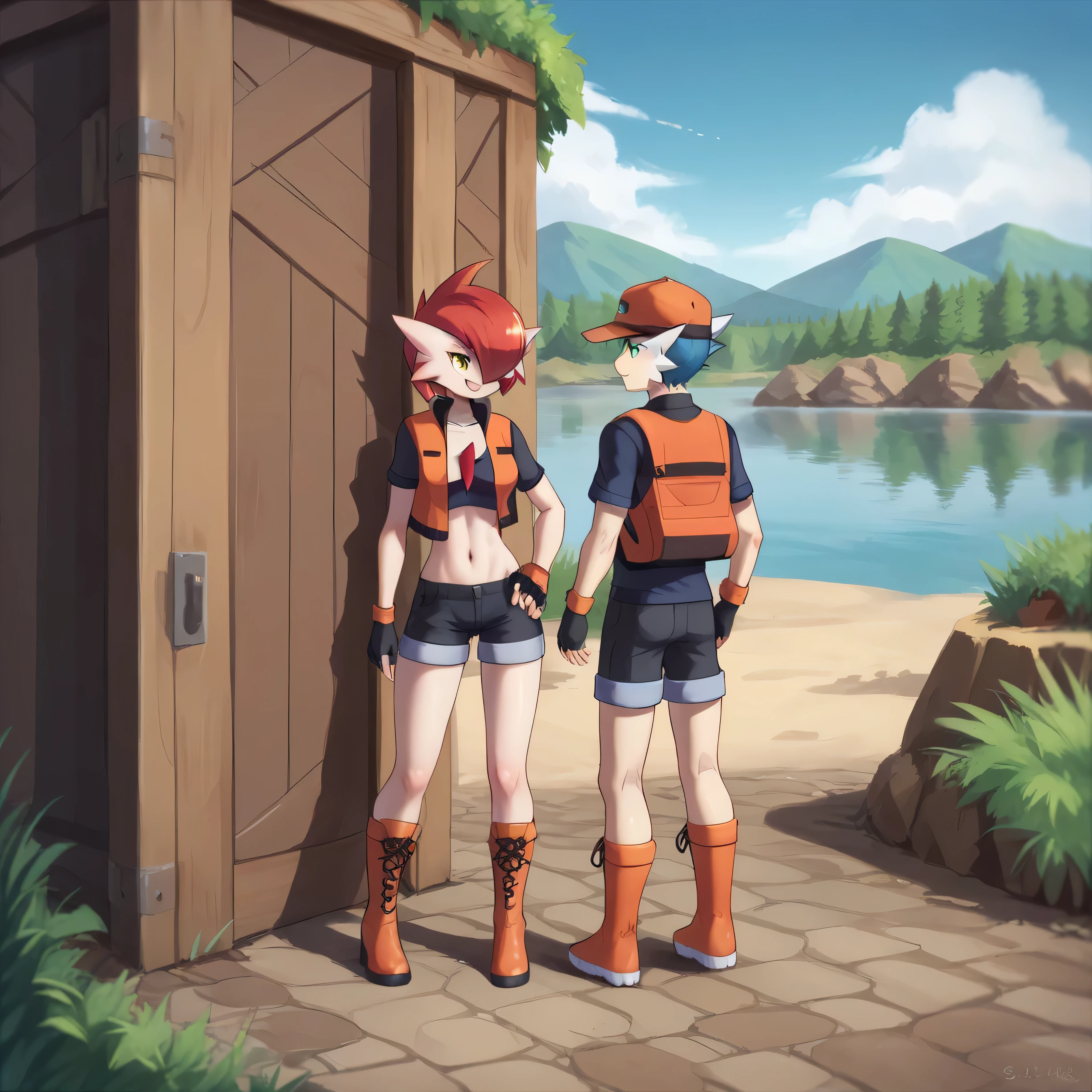 masterpiece, best quality, detailed eyes, detailed face, detailed skin, score_9, score_8_up, score_7_up, full body shot, 1boy gallade, male gallade, larger gallade, red hair, pokemonranger oras, medium breasts, spiky hair, confused, smug, looking at each other, in front of lake, countryside background, couple, duo, yellow eyes, blue eyes, 1pokemon, head crest, white body, 1girl, fingerless gloves, orange vest, no shirt, black shorts, boots,