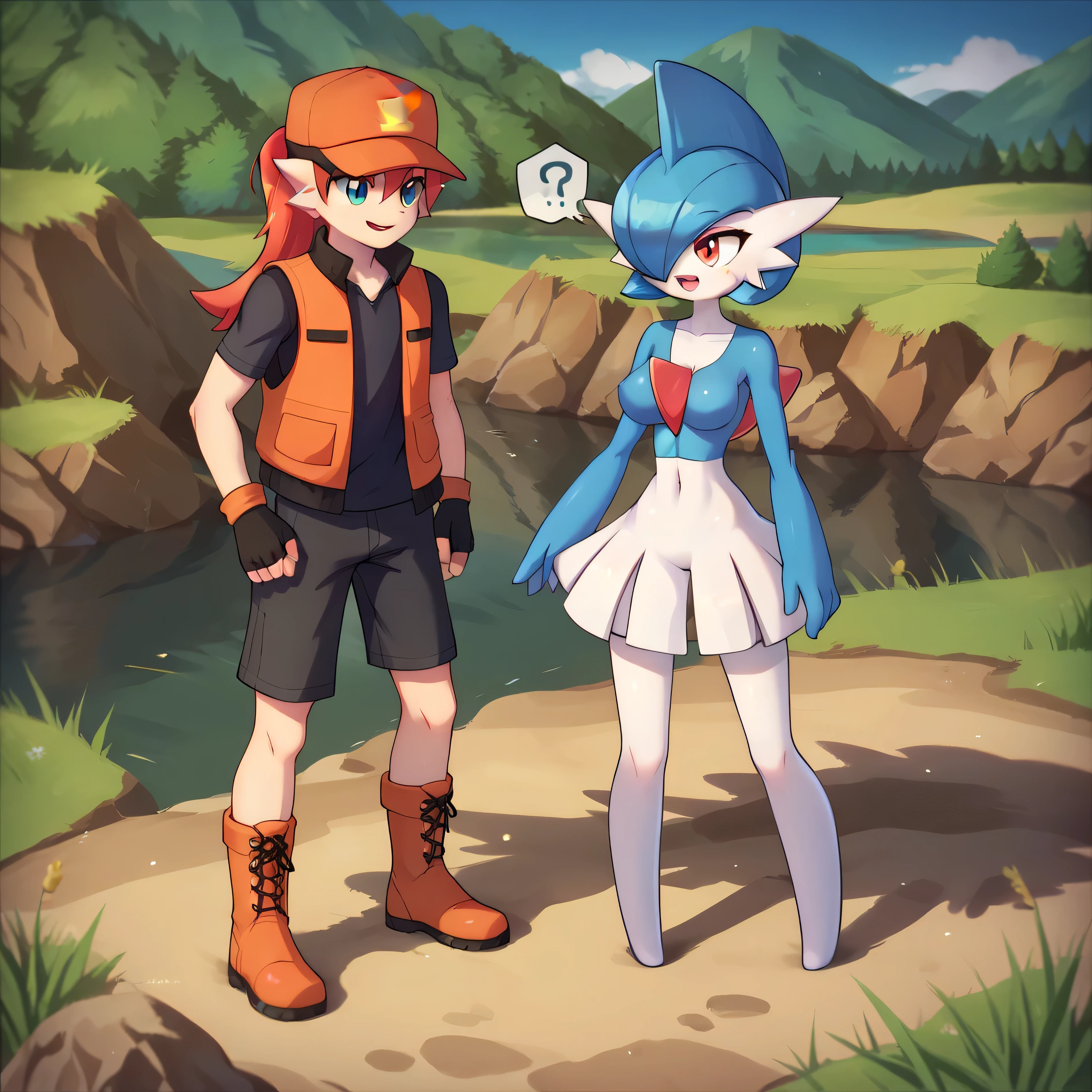 masterpiece, best quality, detailed eyes, detailed face, detailed skin, score_9, score_8_up, score_7_up, full body shot, 1boy gallade, male gallade, larger gallade, red hair, pokemonranger oras, medium breasts, spiky hair, confused, smug, looking at each other, in front of lake, countryside background, couple, duo, yellow eyes, blue eyes, 1pokemon, head crest, white body, 1girl, fingerless gloves, orange vest, no shirt, black shorts, boots,