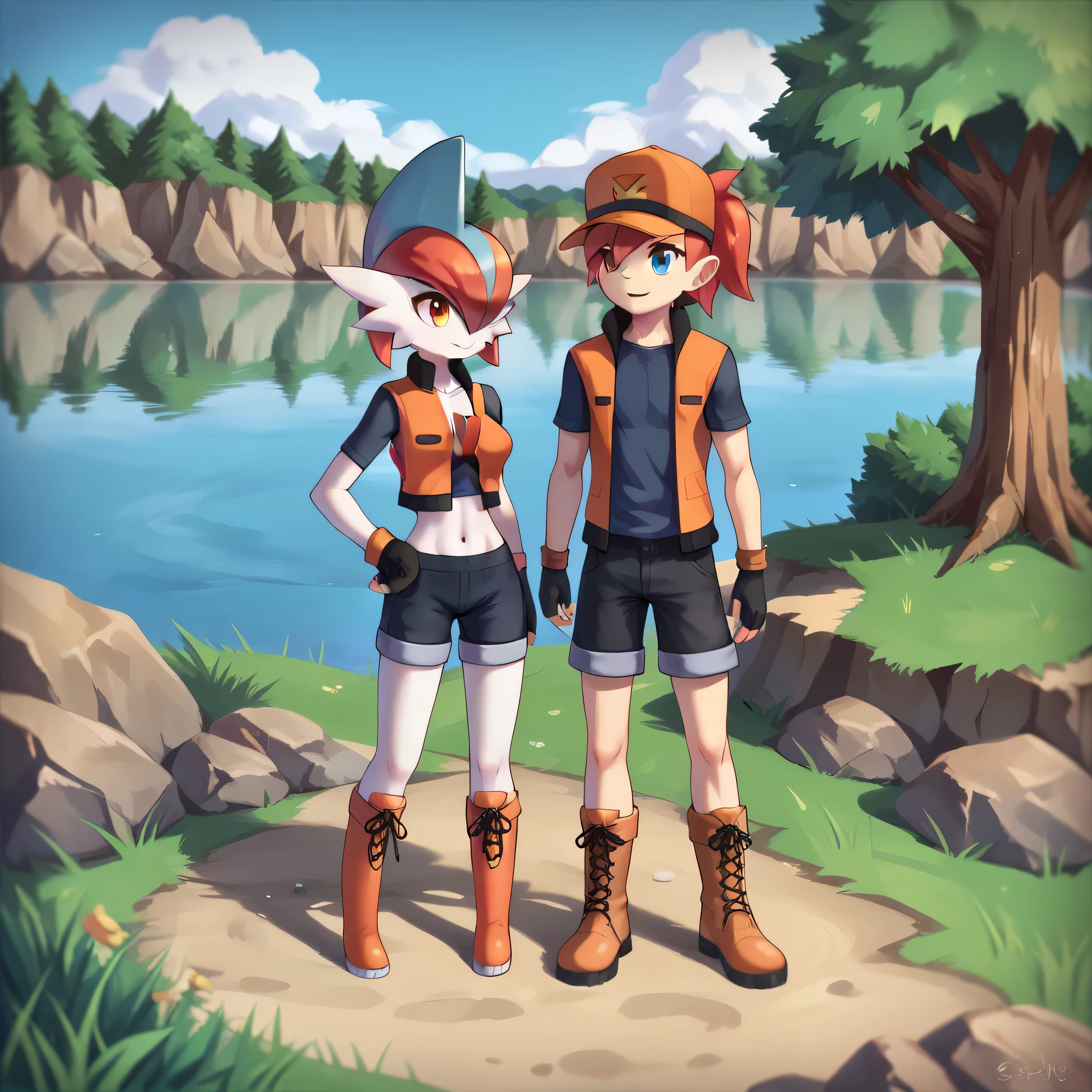 masterpiece, best quality, detailed eyes, detailed face, detailed skin, score_9, score_8_up, score_7_up, full body shot, 1boy gallade, male gallade, larger gallade, red hair, pokemonranger oras, medium breasts, spiky hair, confused, smug, looking at each other, in front of lake, countryside background, couple, duo, yellow eyes, blue eyes, 1pokemon, head crest, white body, 1girl, fingerless gloves, orange vest, no shirt, black shorts, boots,