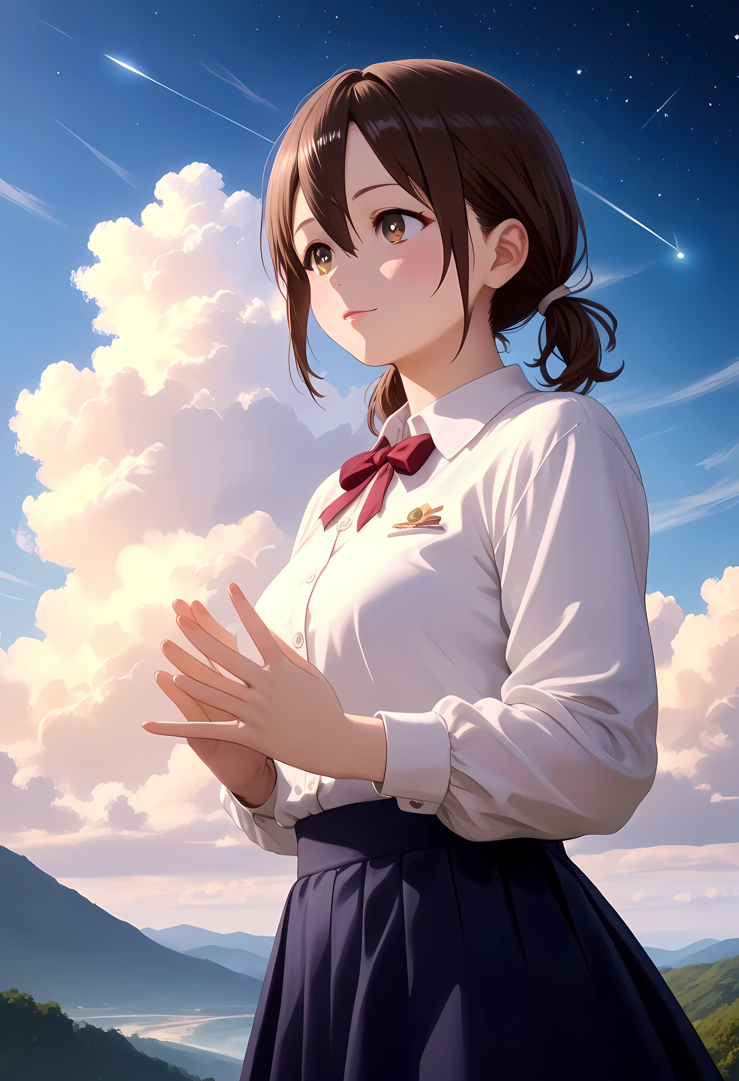 anime style, anime, source anime, score_9, score_8_up, score_7_up, score_6_up, a woman standing with her back to the camera looking up at a sky with lots of bright colors, 1girl, solo, honoka hara, short hair, brown hair, hair between eyes, twintails, brown eyes, low twintails, short twintails, plump, sky, solo, star (sky), cloud, scenery, starry sky, long hair, skirt, shooting star,((4k,8k,Ultra HD)),((Masterpiece :1.2)),((Best quality :1.2)),((Detailed :1.5)),((Detailed background :1.5)), (8K),(absurdres),(crisp quality),(rich contrast),(sharp focus),(best quality),(high resolution),(Looking delighted),(masterpiece),(detailed face),(illustration),(ultra detailed),(rich contrast),(a best quality illustration),(a masterpiece of a woman with ultra detailed features, in 8K resolution, with crisp quality and vibrant colors),(detailed eyes),(perfect eyes),(ultra detailed eyes),((nice hands)),((perfect hands)),((gleaming skin)),((shiny skin)),((best quality)),((high resolution)),((ultra-high resolution)),((masterpiece)),((ultra detailed)),((illustration)),((an extremely delicate and beautiful))((detailed face)),((perfect eyes)),((perfect fingers)),