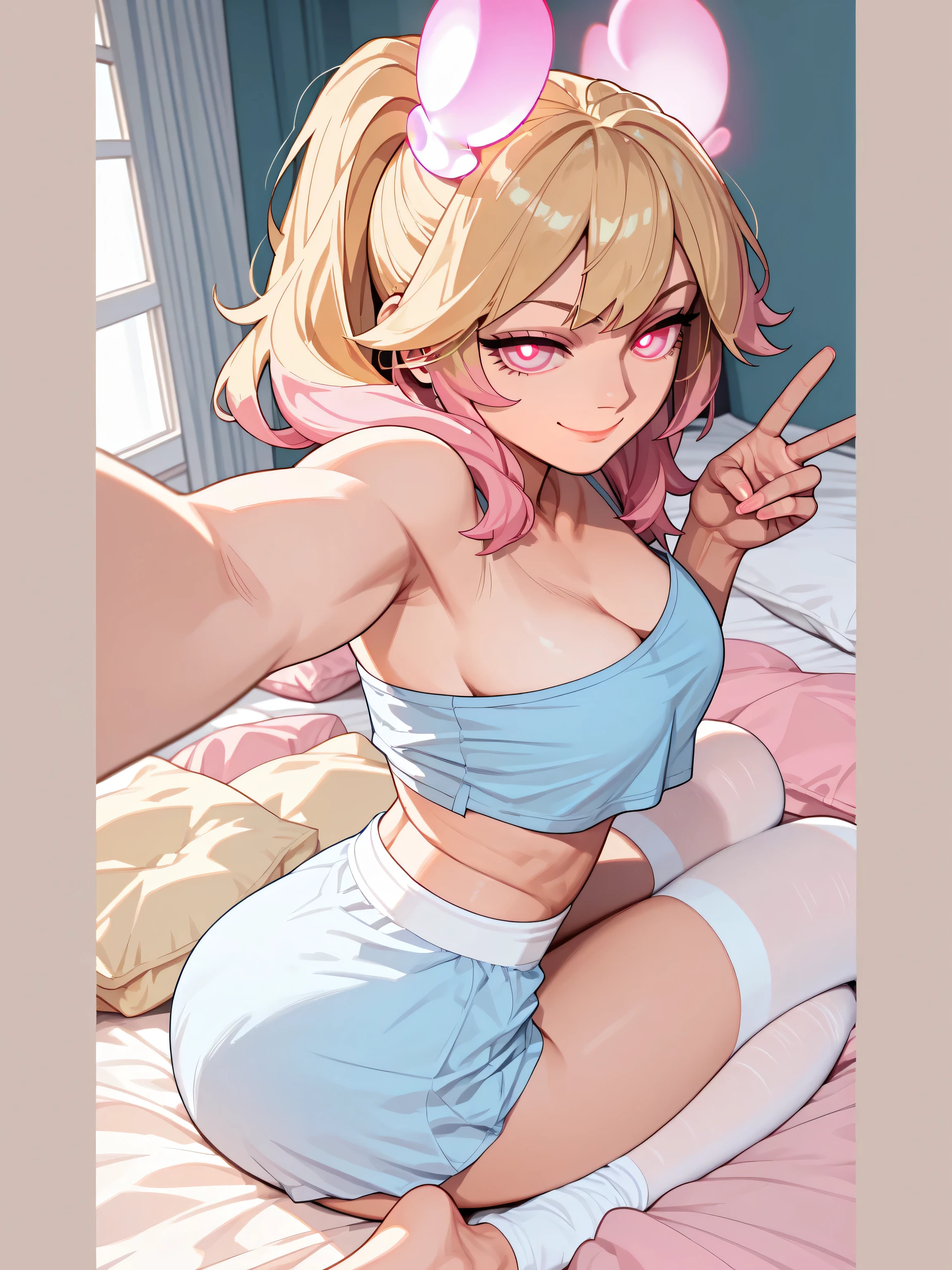 Blonde Girl, closed smile, glowing pink eyes, big boobs, sitting on bed, Anatomically Correct, Accurate,
