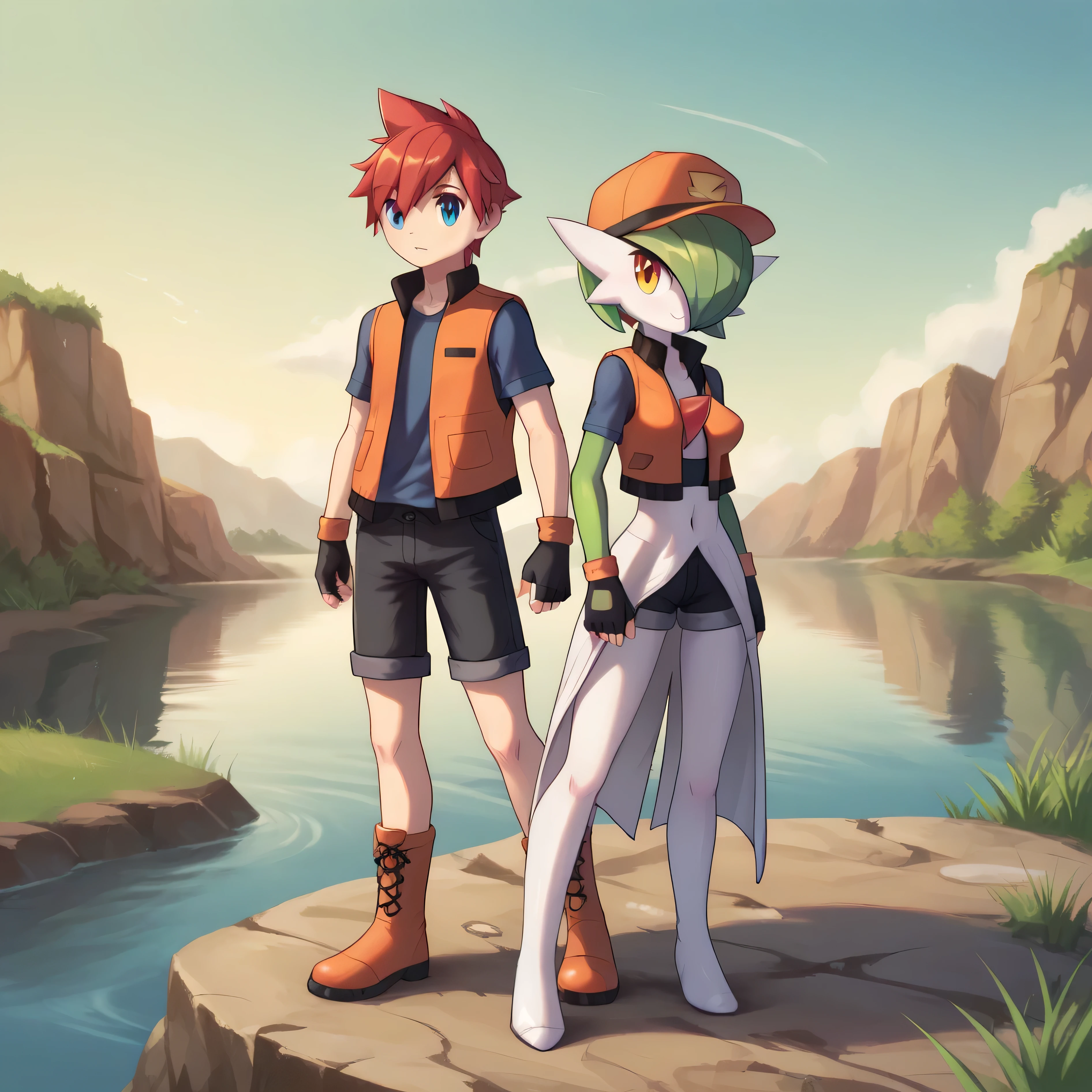 masterpiece, best quality, detailed eyes, detailed face, detailed skin, score_9, score_8_up, score_7_up, full body shot, gallade, male gallade, larger gallade, red hair, pokemonranger oras, medium breasts, spiky hair, in front of lake, countryside background, couple, duo, yellow eyes, blue eyes, 1pokemon, head crest, white body, 1girl, fingerless gloves, orange vest, no shirt, black shorts, boots,