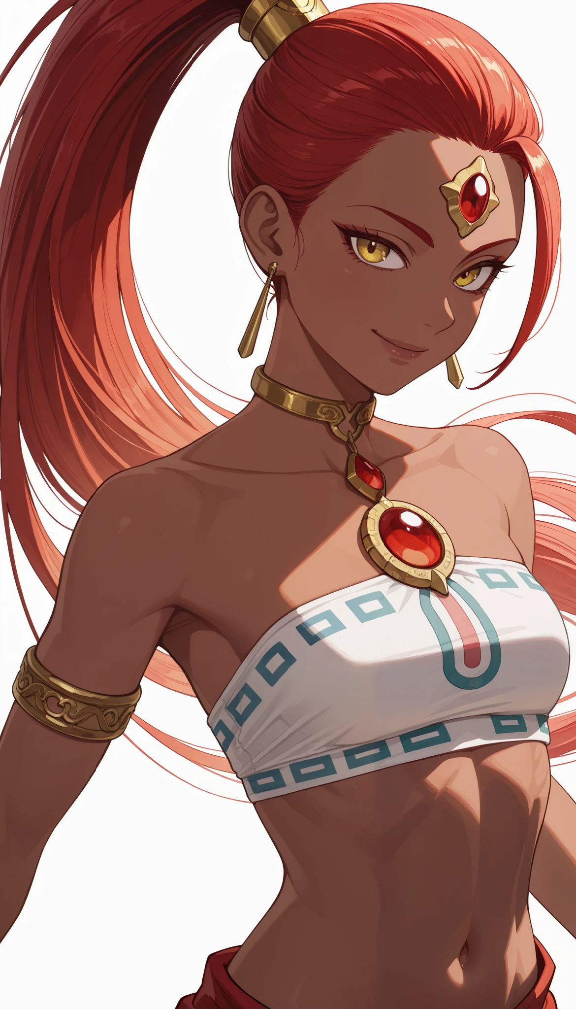 (photography , best quality), best score, best anatomy, ultra deitailed, amazing quality, very aesthetic, anime_realistic:1.4 absurdres, highres, 2024, newest, HDR, 8K, high detail RAW color art, high contrast,, eyelashes, bright skin, smile, zzNabooru, yellow eyes, red hair, long hair, ponytail, dark skin, hair pulled back, forehead jewel,
zzNabooru, yellow eyes, red hair, long hair, ponytail, dark skin, hair pulled back, forehead jewel, jewelry, earrings, bare shoulders, makeup, armlet, slender body, navel, midriff, ABS, strapless,, ((forced perspective)):1.3 , ((minimalist white background)), side vire, ((no bangs))