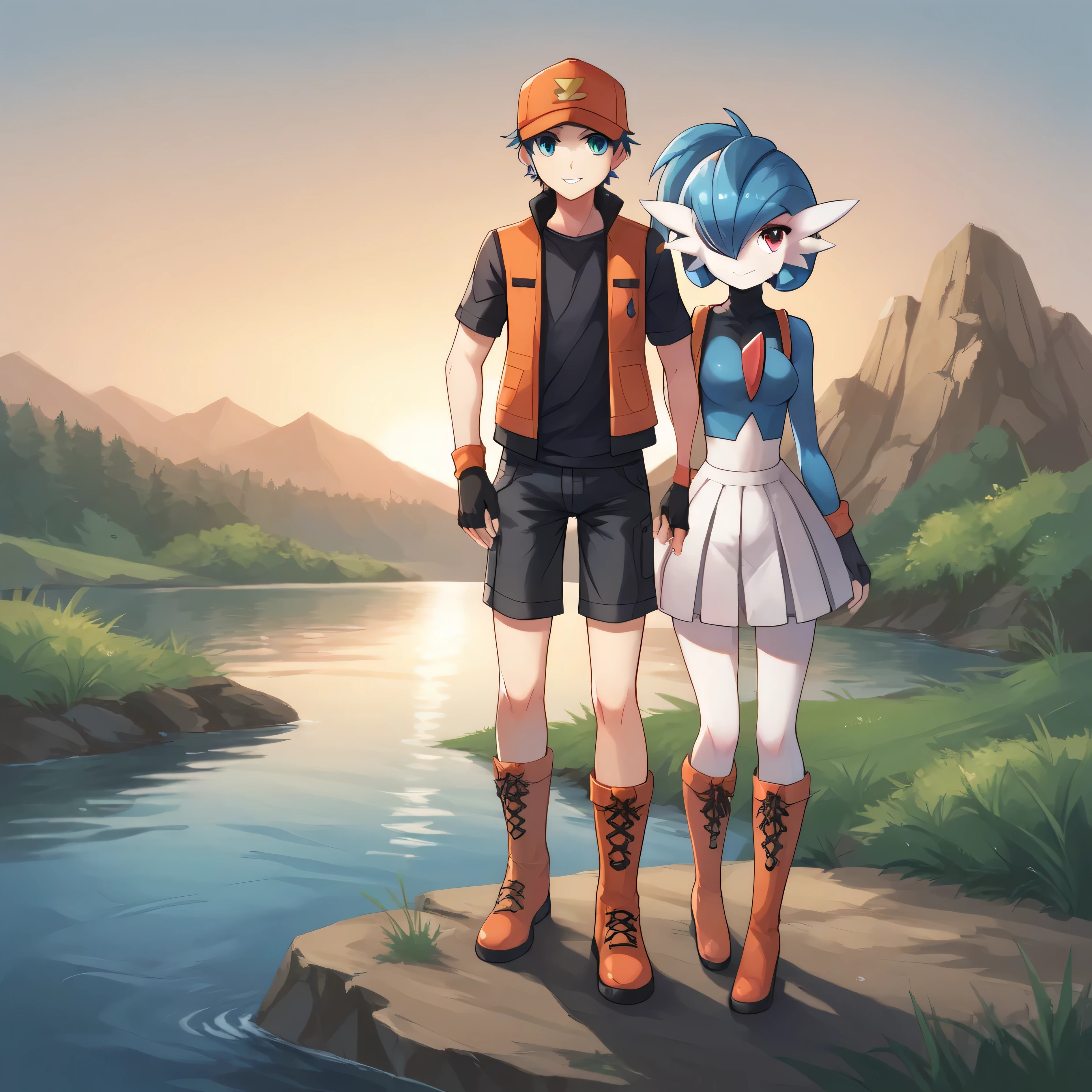 masterpiece, best quality, highly detailed, score_9, score_8_up, score_7_up, full body shot, gallade, pokemonranger oras, in front of lake, countryside background, couple, duo, red eyes, blue eyes, 1boy, head crest, white body, 1girl, baseball cap, fingerless gloves, orange vest, black shirt, black shorts, boots,