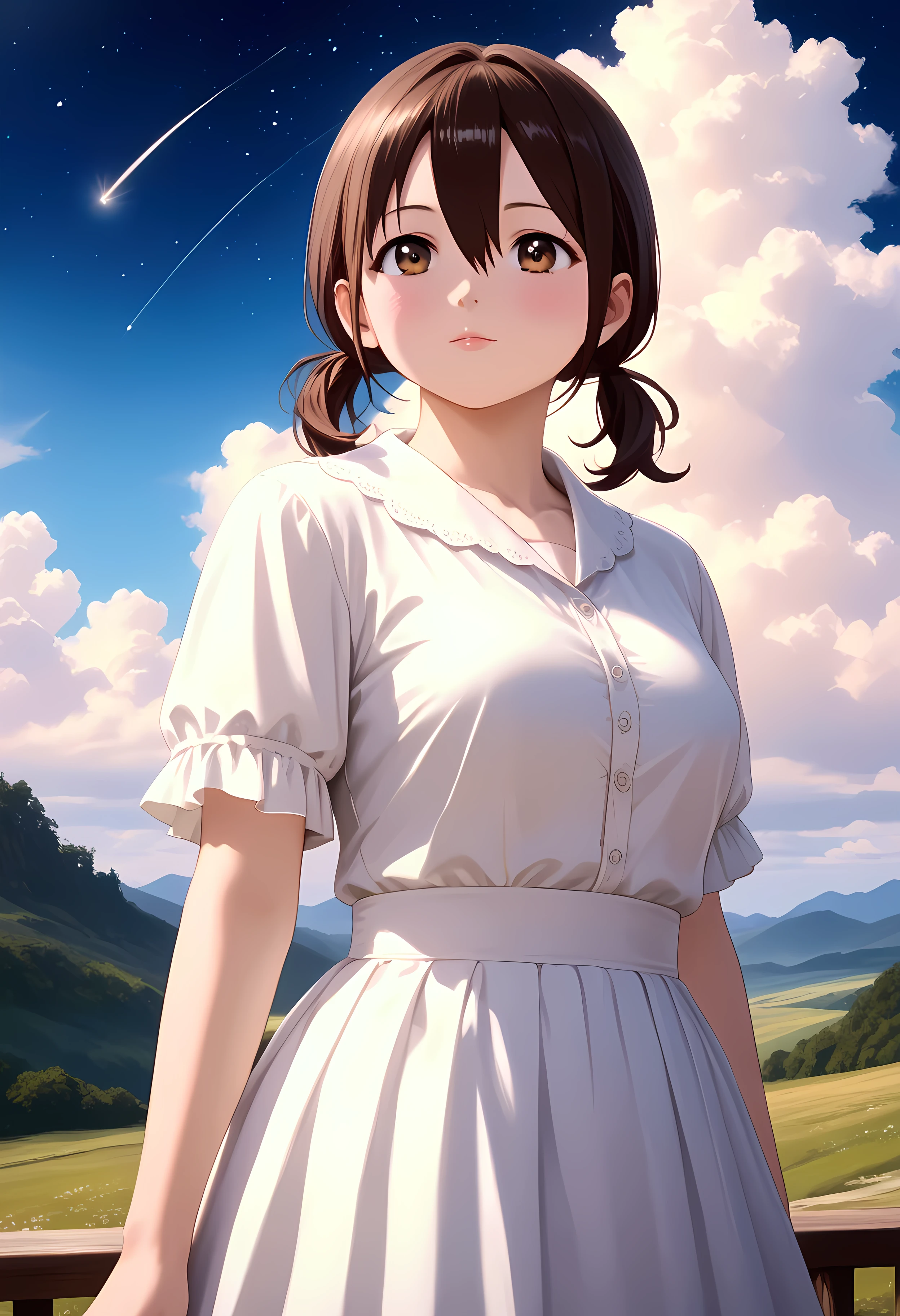 anime style, anime, source anime, score_9, score_8_up, score_7_up, score_6_up, a woman standing with her back to the camera looking up at a sky with lots of bright colors, 1girl, solo, honoka hara, short hair, brown hair, hair between eyes, twintails, brown eyes, low twintails, short twintails, plump, sky, solo, star (sky), cloud, scenery, starry sky, long hair, skirt, shooting star,((4k,8k,Ultra HD)),((Masterpiece :1.2)),((Best quality :1.2)),((Detailed :1.5)),((Detailed background :1.5)), (8K),(absurdres),(crisp quality),(rich contrast),(sharp focus),(best quality),(high resolution),(Looking delighted),(masterpiece),(detailed face),(illustration),(ultra detailed),(rich contrast),(a best quality illustration),(a masterpiece of a woman with ultra detailed features, in 8K resolution, with crisp quality and vibrant colors),(detailed eyes),(perfect eyes),(ultra detailed eyes),((nice hands)),((perfect hands)),((gleaming skin)),((shiny skin)),((best quality)),((high resolution)),((ultra-high resolution)),((masterpiece)),((ultra detailed)),((illustration)),((an extremely delicate and beautiful))((detailed face)),((perfect eyes)),((perfect fingers)),