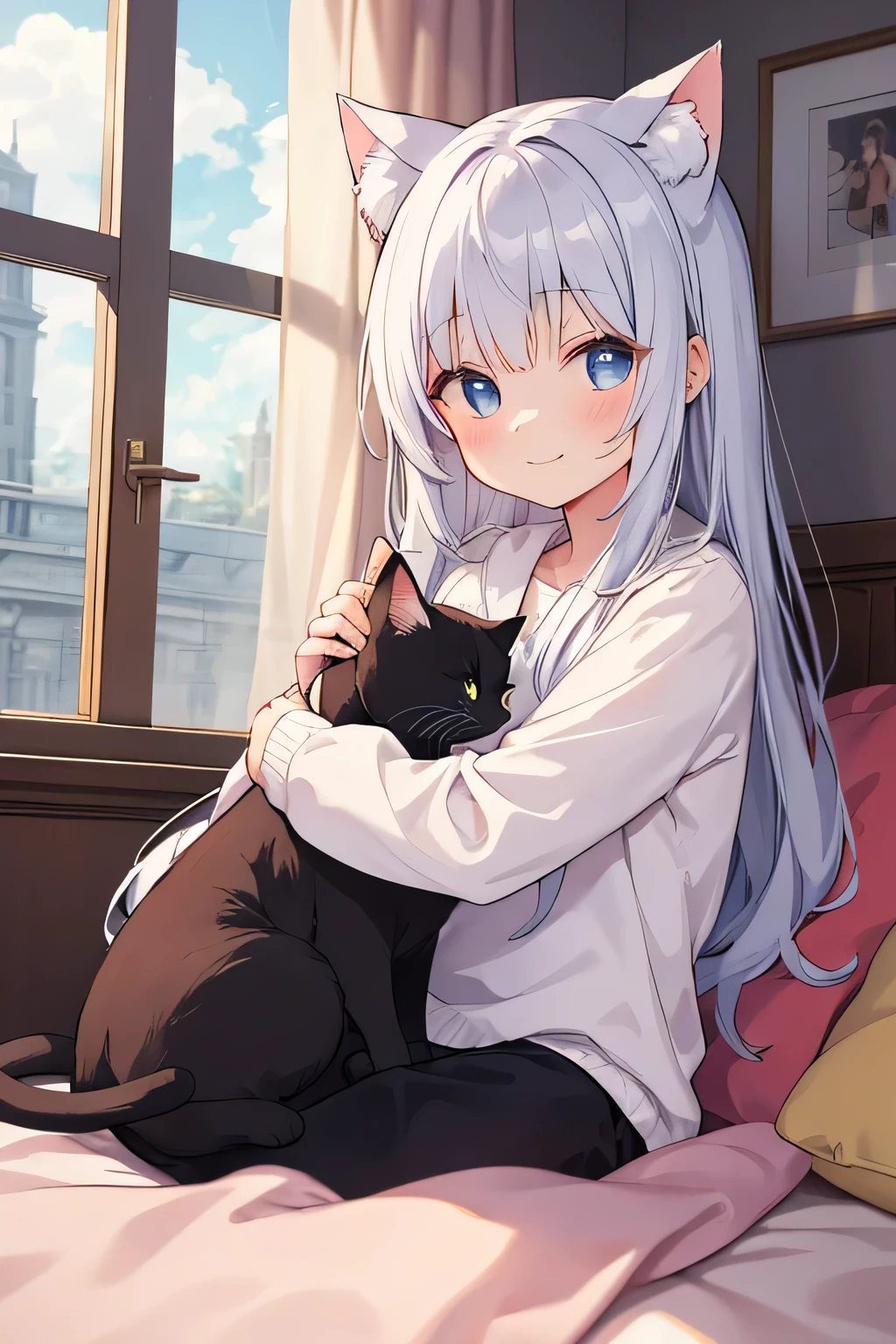 Anime girl with long white hair sitting on bed holding a cat - SeaArt AI