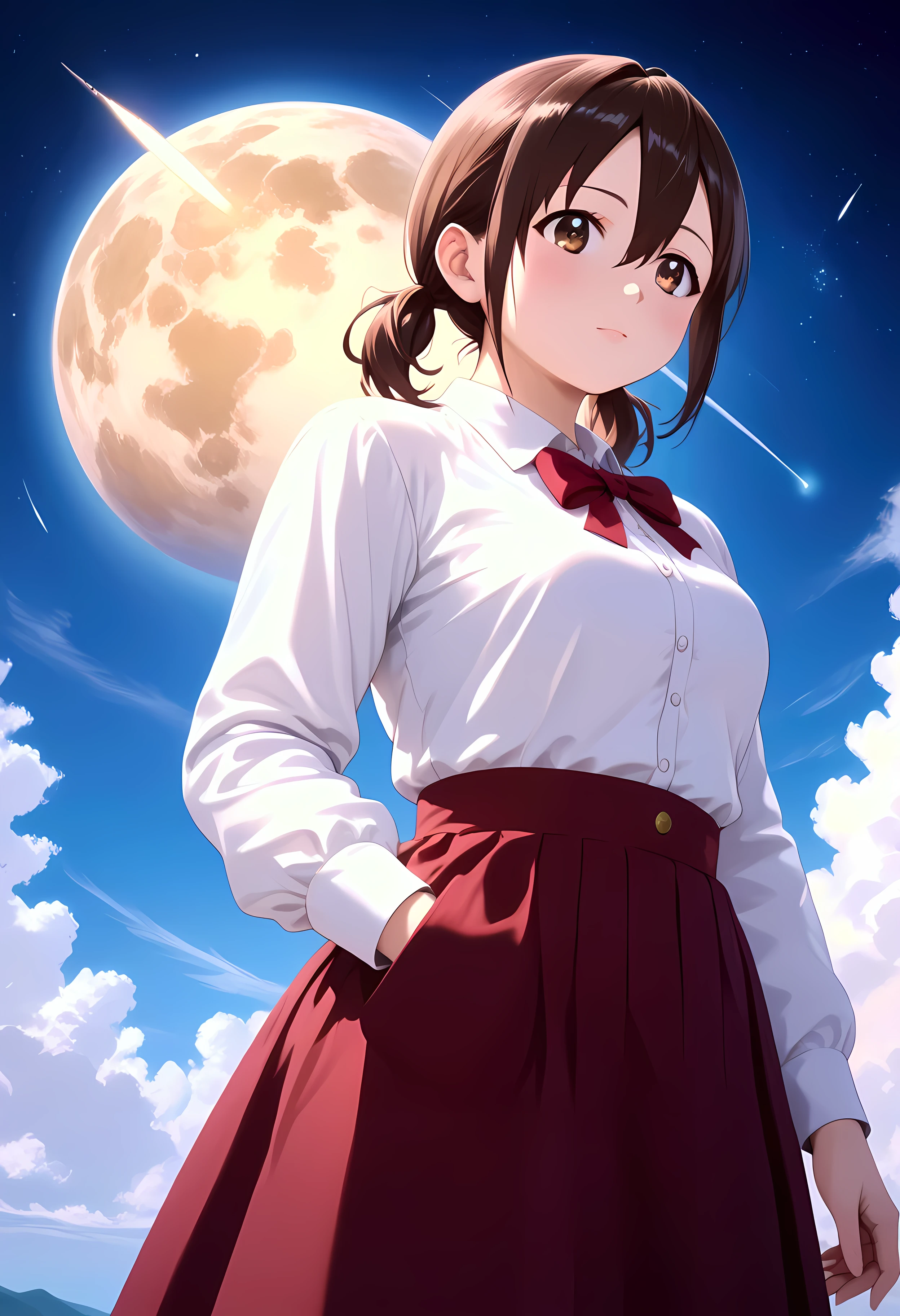 anime style, anime, source anime, score_9, score_8_up, score_7_up, score_6_up, a woman standing with her back to the camera looking up at a sky with lots of bright colors, 1girl, solo, honoka hara, short hair, brown hair, hair between eyes, twintails, brown eyes, low twintails, short twintails, plump, sky, solo, star (sky), cloud, scenery, starry sky, long hair, skirt, shooting star,((4k,8k,Ultra HD)),((Masterpiece :1.2)),((Best quality :1.2)),((Detailed :1.5)),((Detailed background :1.5)), (8K),(absurdres),(crisp quality),(rich contrast),(sharp focus),(best quality),(high resolution),(Looking delighted),(masterpiece),(detailed face),(illustration),(ultra detailed),(rich contrast),(a best quality illustration),(a masterpiece of a woman with ultra detailed features, in 8K resolution, with crisp quality and vibrant colors),(detailed eyes),(perfect eyes),(ultra detailed eyes),((nice hands)),((perfect hands)),((gleaming skin)),((shiny skin)),((best quality)),((high resolution)),((ultra-high resolution)),((masterpiece)),((ultra detailed)),((illustration)),((an extremely delicate and beautiful))((detailed face)),((perfect eyes)),((perfect fingers)),