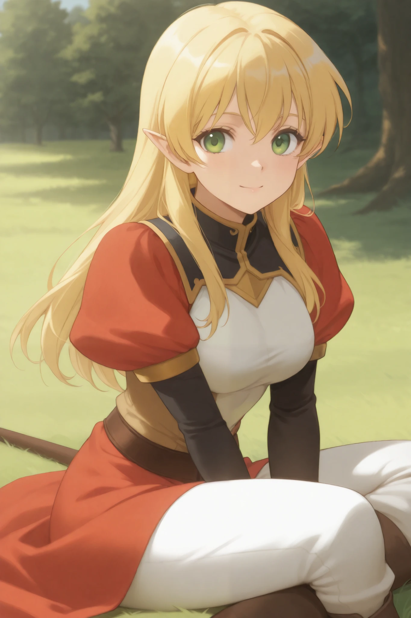 1 girl, blonde, high, warrior, coque, green eyes , French style , anime, elf ear