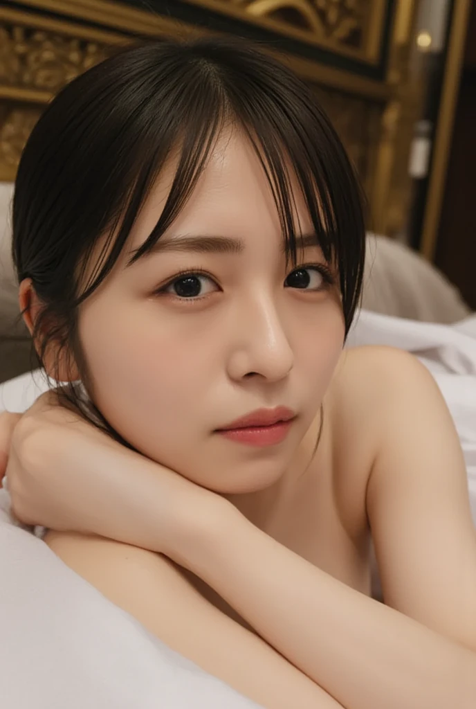 (8K、Raw photo、highest quality、masterpiece:1.2)、(realistic、Photoreal)、1 girl、((white lace bra、underwear、sleep in bed、downward、crying face、close up of face、Bedroom))、lots of eyelashes、Glitter on your eyelids、skeletally correct、sweaty body、Beautifully aligned fingertips、above the sky, NSFW, (on top of the bed , Cover your chest with a towel:1.3), Beautiful breasts, Brown eyes, Parted bangs, Brown hair, ssmile 